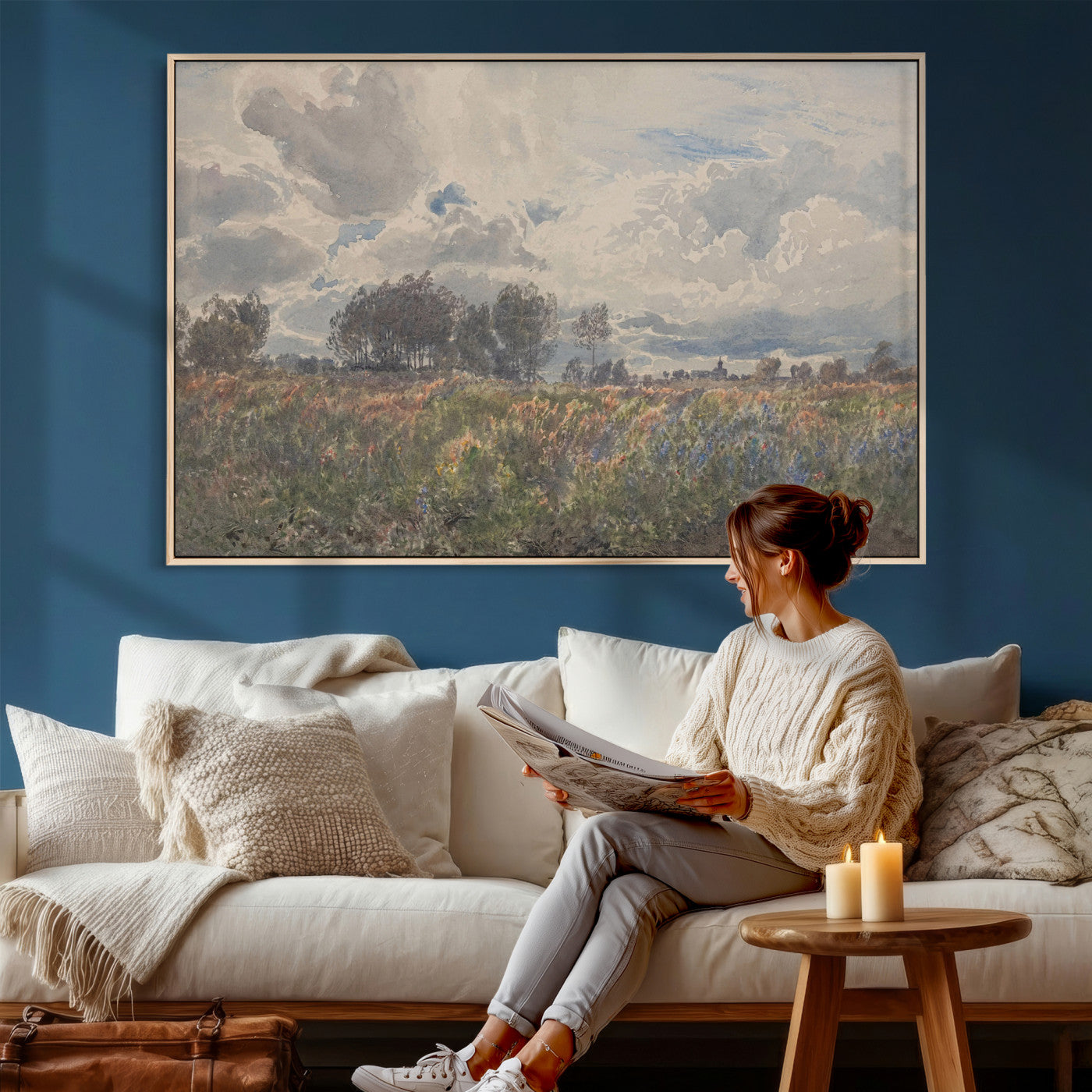 76626885-MGV-CV-36X24 - Vintage Watercolor Meadow Canvas Wall Art — English Pastoral Wildflower Storm Sky Print | Cottagecore Nature Decor | Classic Landscape Gift