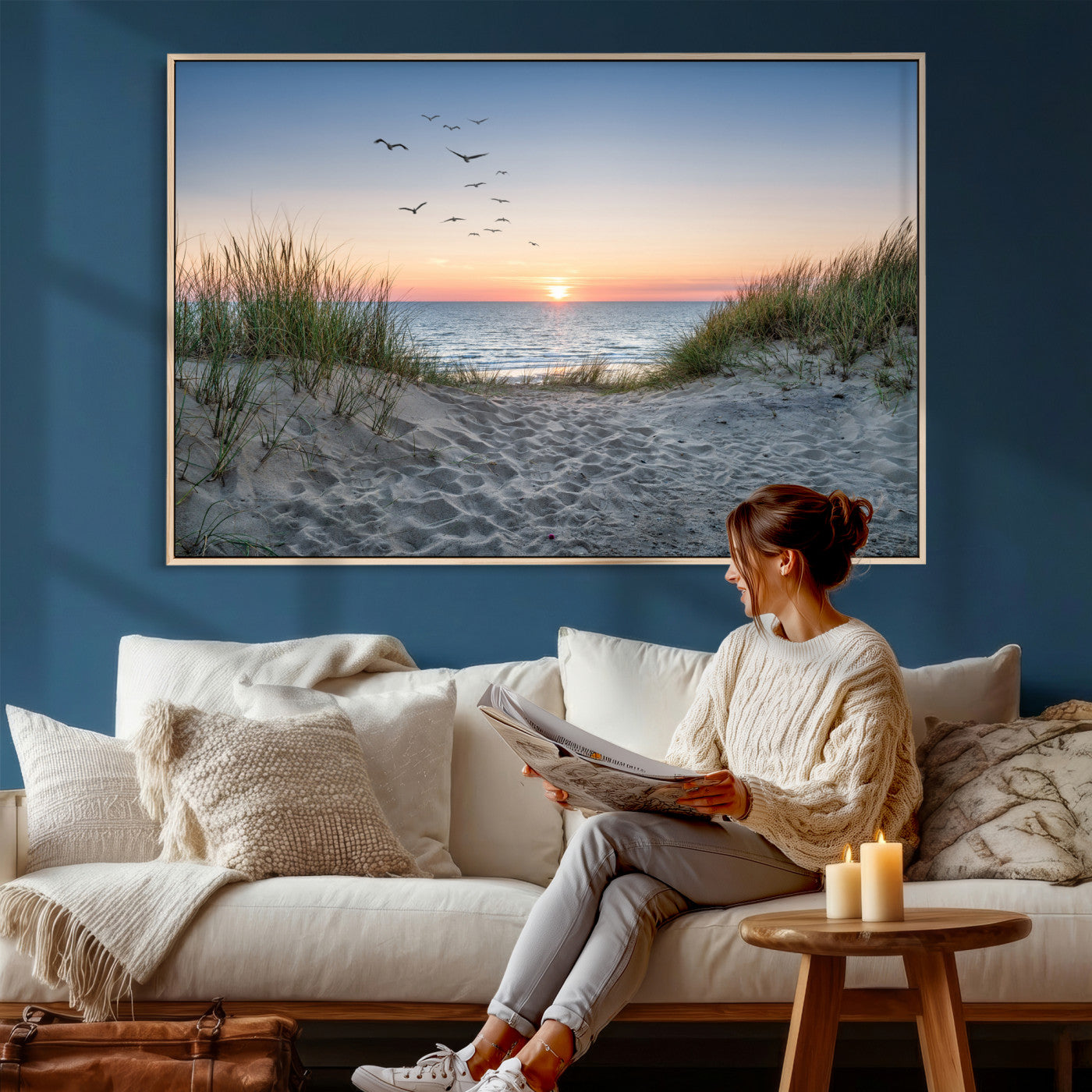 12172032-MGV-CV-36X24 - Sandy Dune Path Sunset Canvas Wall Art — Seagulls Beach Ocean Photography Print | Coastal Home Decor | Nautical Wall Art | Beach House Gift