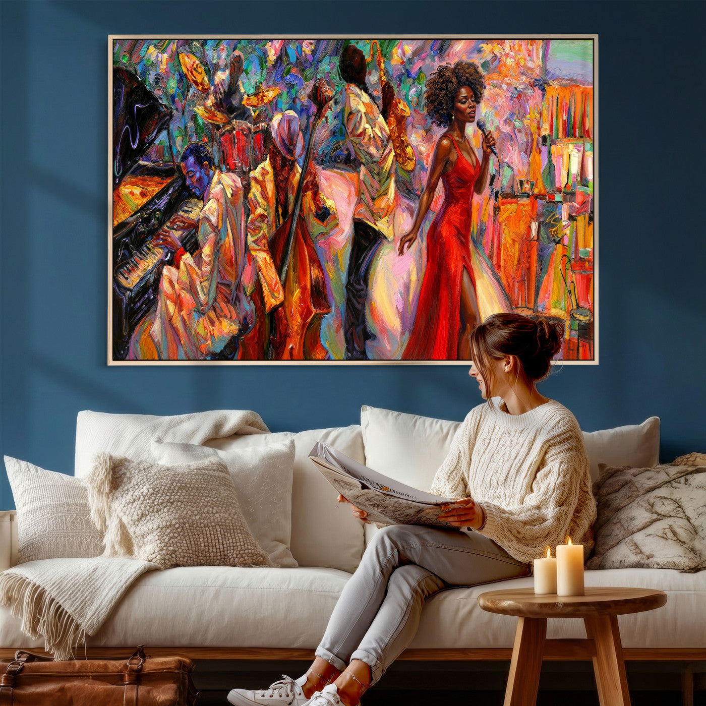 72615137-MGV-CV-36X24 - African American Jazz Singer Canvas Art - Red Dress Black Woman Music Print | Colorful Jazz Band Wall Decor | Living Room Gift for Her