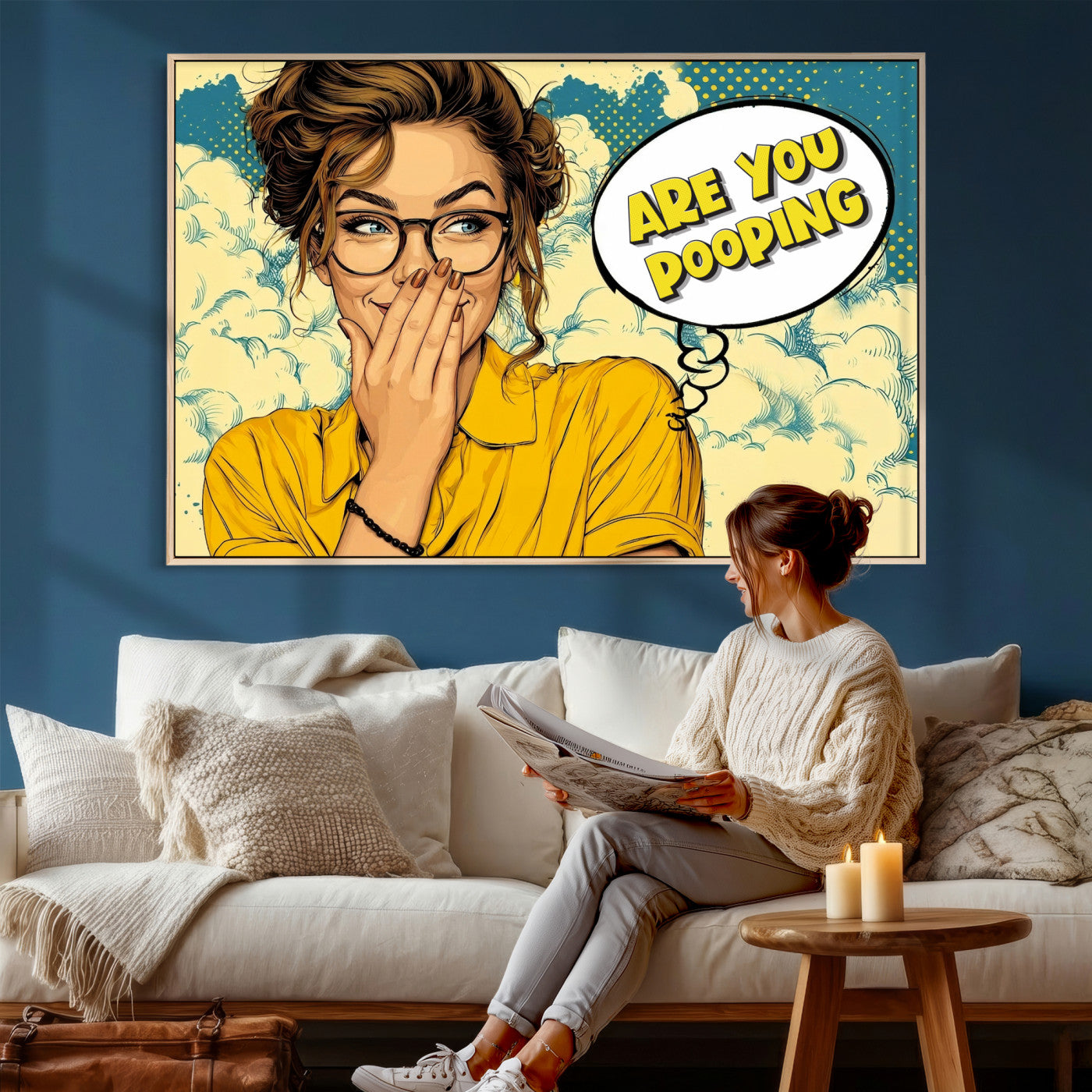 P79156505-MGV-CV-36X24 - Pop Art Print Bathroom Sign Wall Art Canvas Print — Funny Bathroom Canvas | Comic Style Toilet Wall Decor | Humor Gift | Are you Pooping