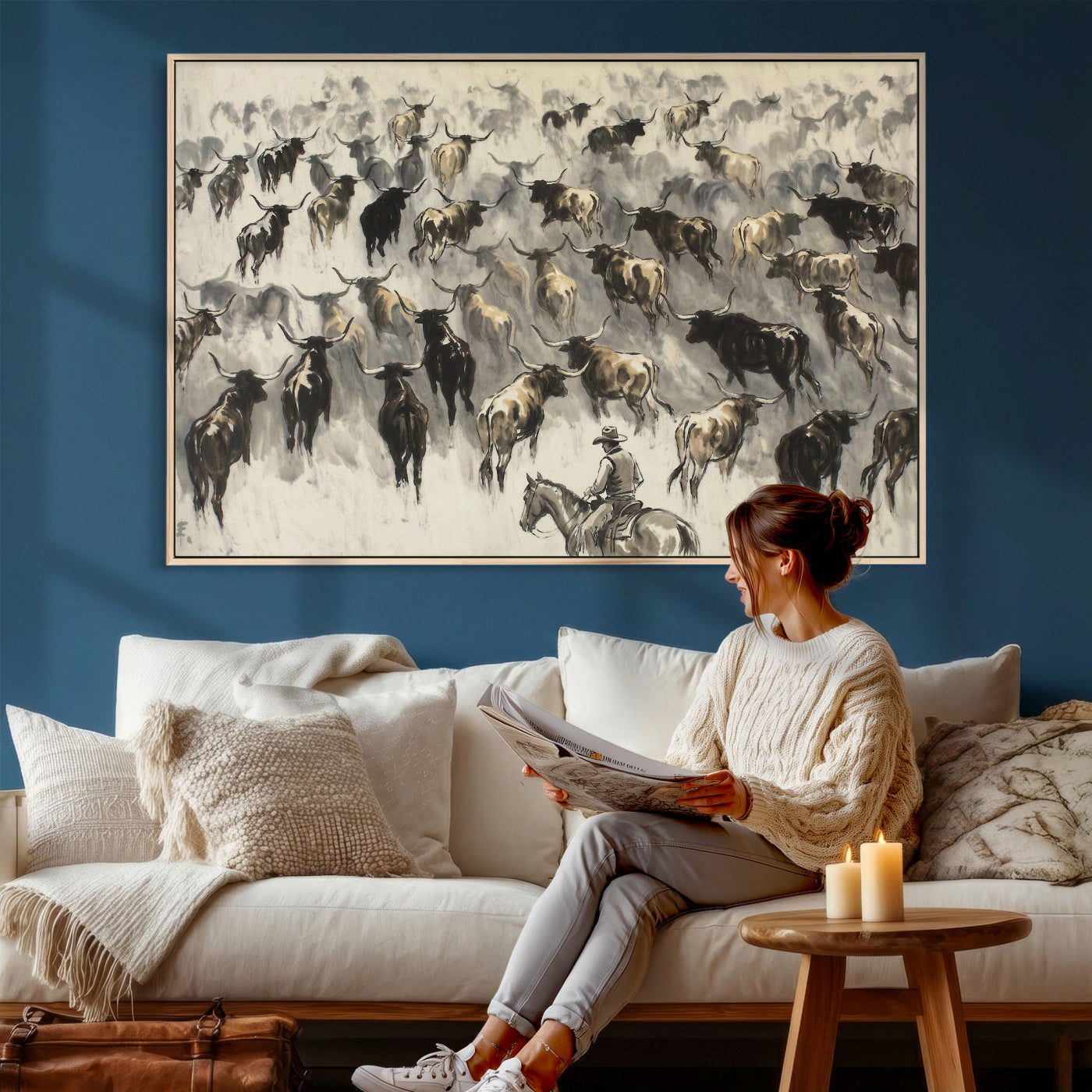 48049876-MGV-CV-36X24 - Cowboy Cattle Drive Canvas Wall Art, Western Longhorn Herd Ink Painting Print, Ranch Rodeo Decor, Black White Western Art, Large Living Room Art