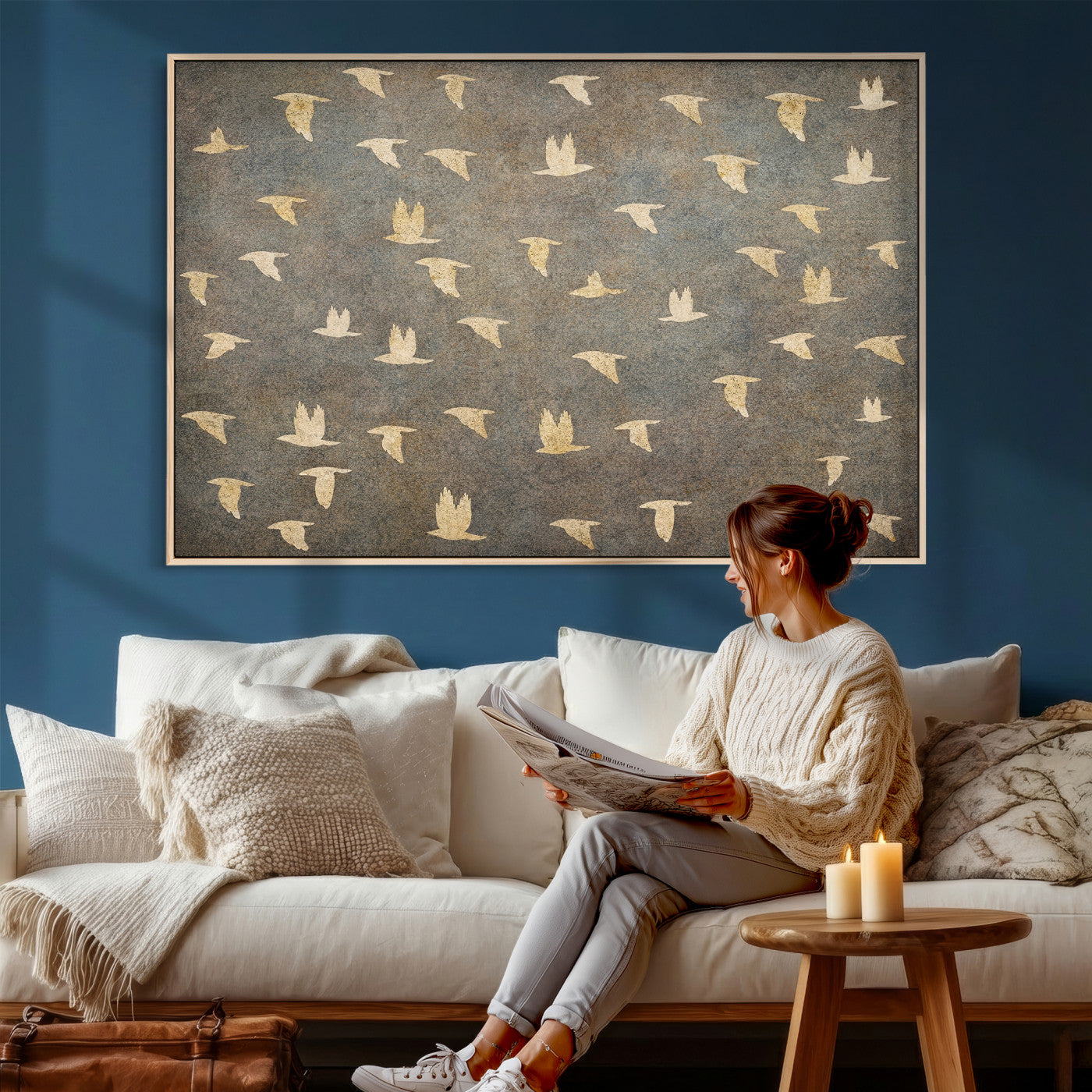 74076164-MGV-CV-36X24 - Flying Birds Canvas Wall Art, Vintage Bird Flock Pattern Print, Grey Gold Abstract Nature Decor, Rustic Bird Silhouette Art, Boho Living Room Decor