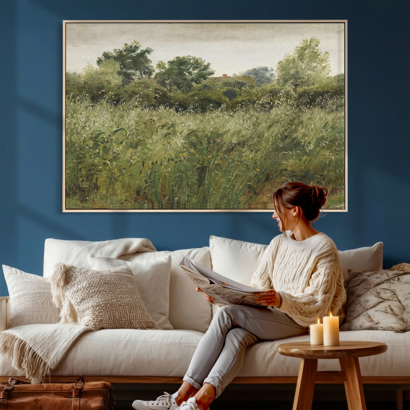 92328261-MGV-CV-36X24 - Wildflower Meadow Canvas Wall Art, Impressionist Overgrown Field Painting Print, Vintage Green Nature Decor, Cottagecore Botanical Art, Living Room Print