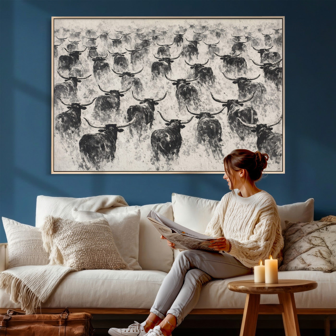 73328525-MGV-CV-36X24 - Texas Longhorn Drawing Canvas Wall Art, Western Cattle Stampede Painting Print, Warm Amber Ranch Decor, Rustic Cowboy Home Art, Large Living Room Decor