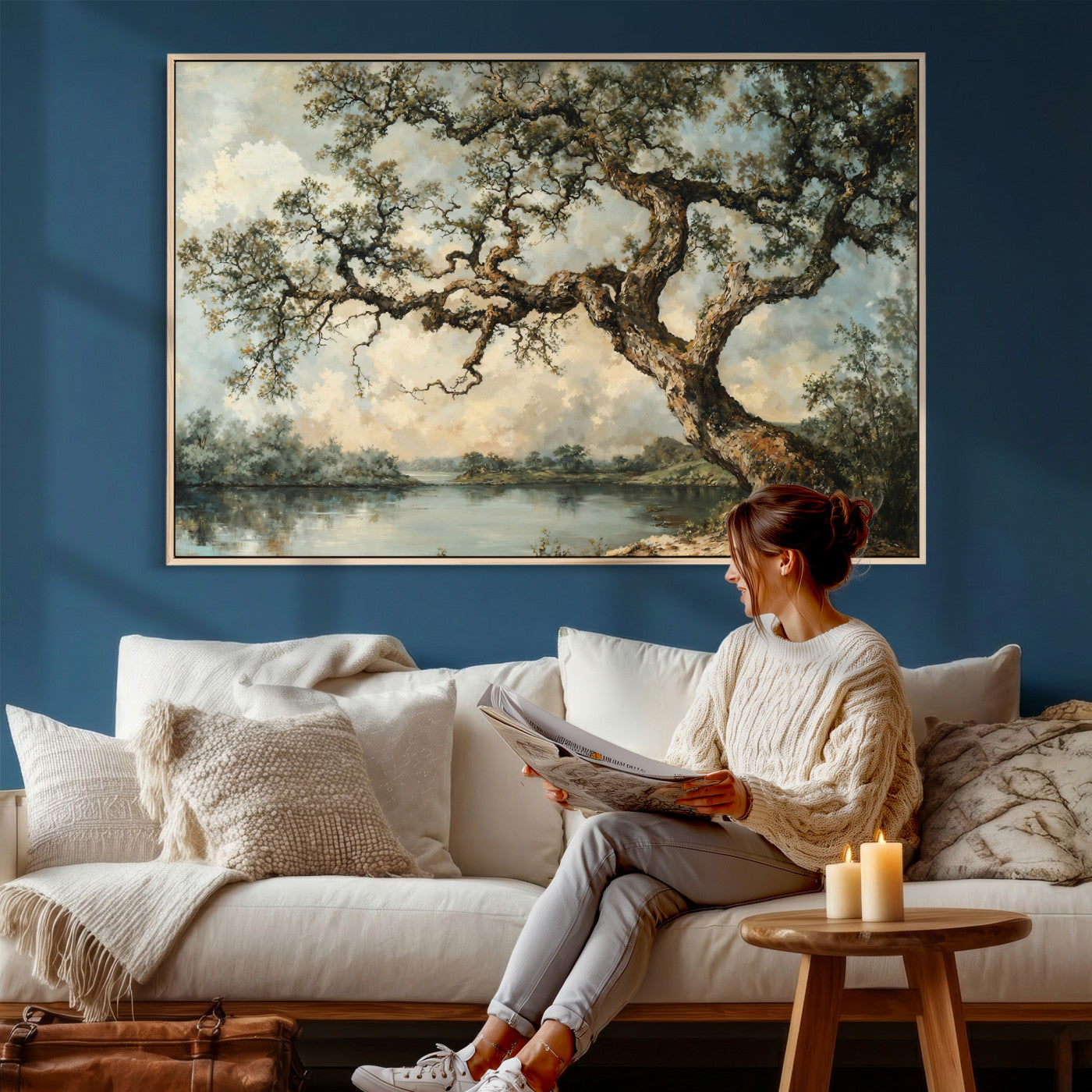 63857726-MGV-CV-36X24 - Old Oak Tree Canvas Wall Art, Turner Inspired Romantic Landscape Print, Vintage Nature Painting, Living Room Wall Decor, Antique Style Tree Art