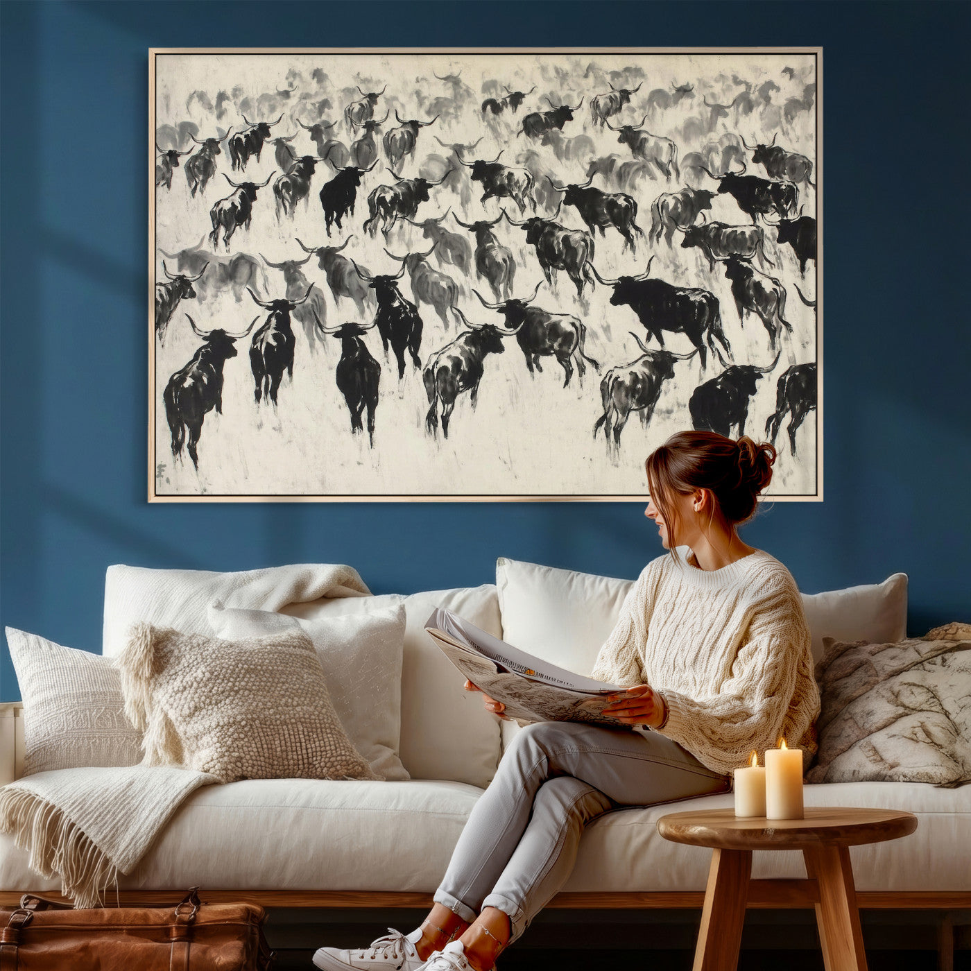 68669792-MGV-CV-36X24 - Longhorn Cattle Canvas Wall Art, Black White Stampede Ink Painting Print, Western Farmhouse Decor, Bull Herd Art, Large Living Room Wall Art, Ranch Home Decor