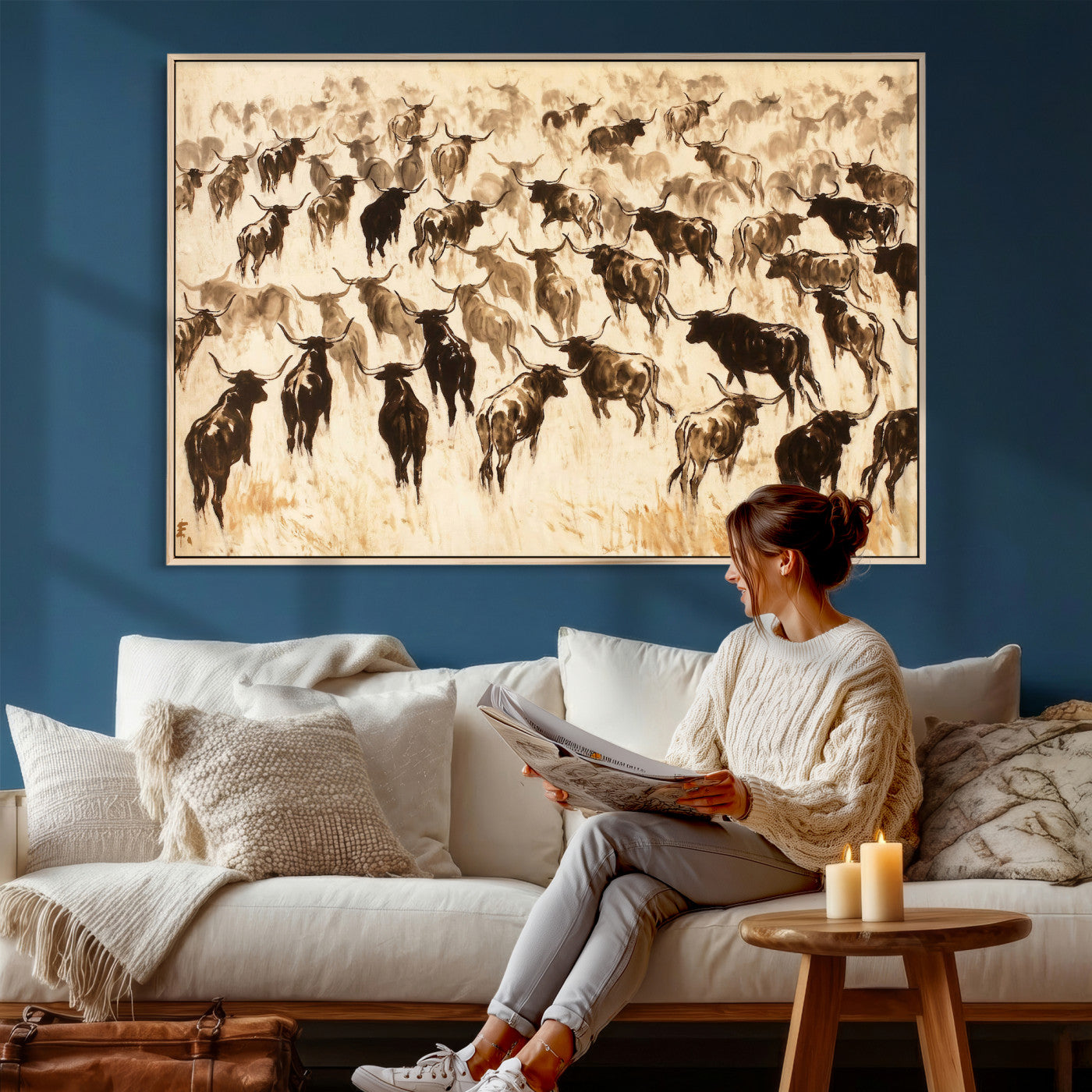 39077774-MGV-CV-36X24 - Texas Longhorn Sepia Canvas Wall Art, Western Cattle Stampede Painting Print, Warm Amber Ranch Decor, Rustic Cowboy Home Art, Large Living Room Decor