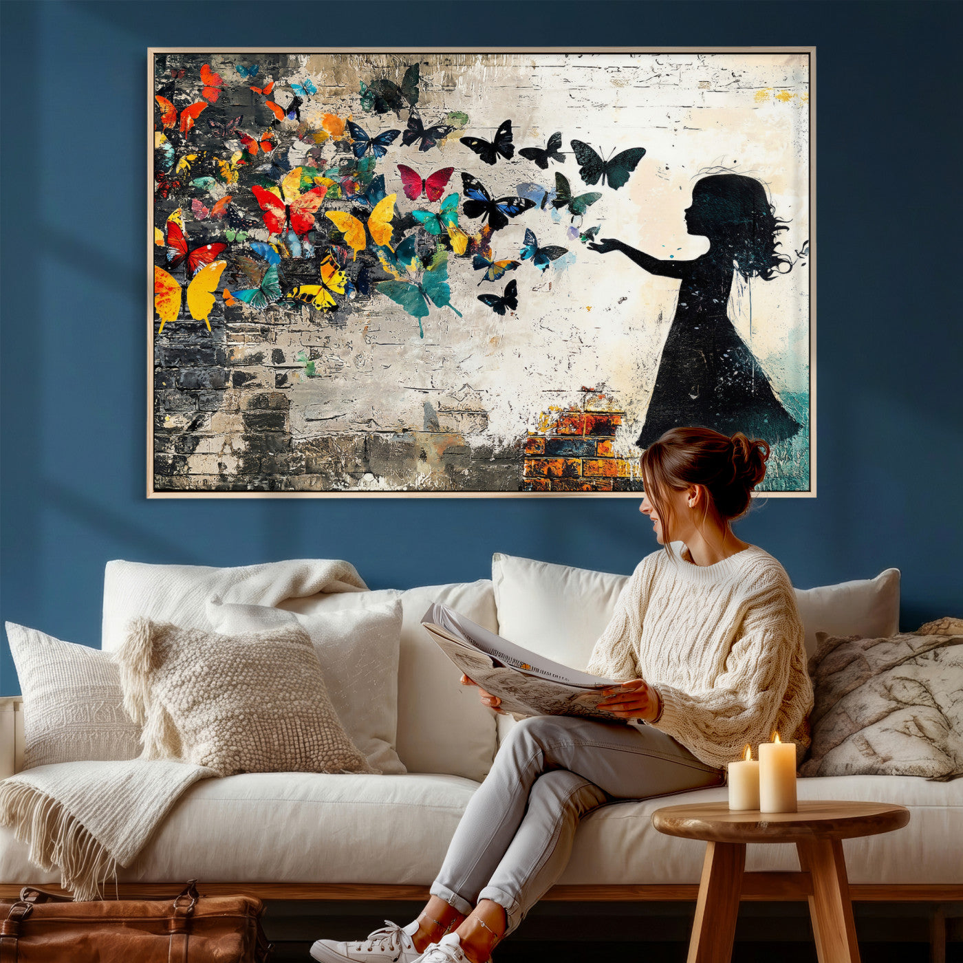 33909022-MGV-CV-36X24 - Banksy Butterfly Girl Wall Art Canvas Print, Framed Street Art Silhouette Graffiti Artwork, Colorful Butterfly Wall Decor for Living Room Bedroom Office