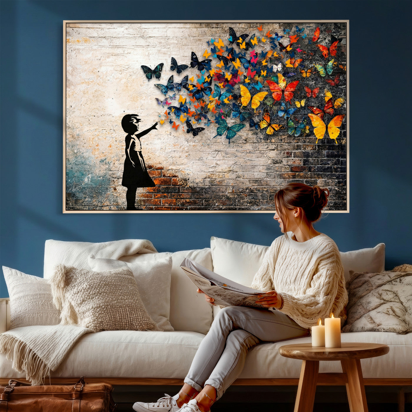 78760384-MGV-CV-36X24 - Banksy Graffiti Butterfly Girl Wall Art Canvas Print, Framed Street Art Canvas Print, Silhouette Butterfly Wall Art for Living Room Bedroom Office