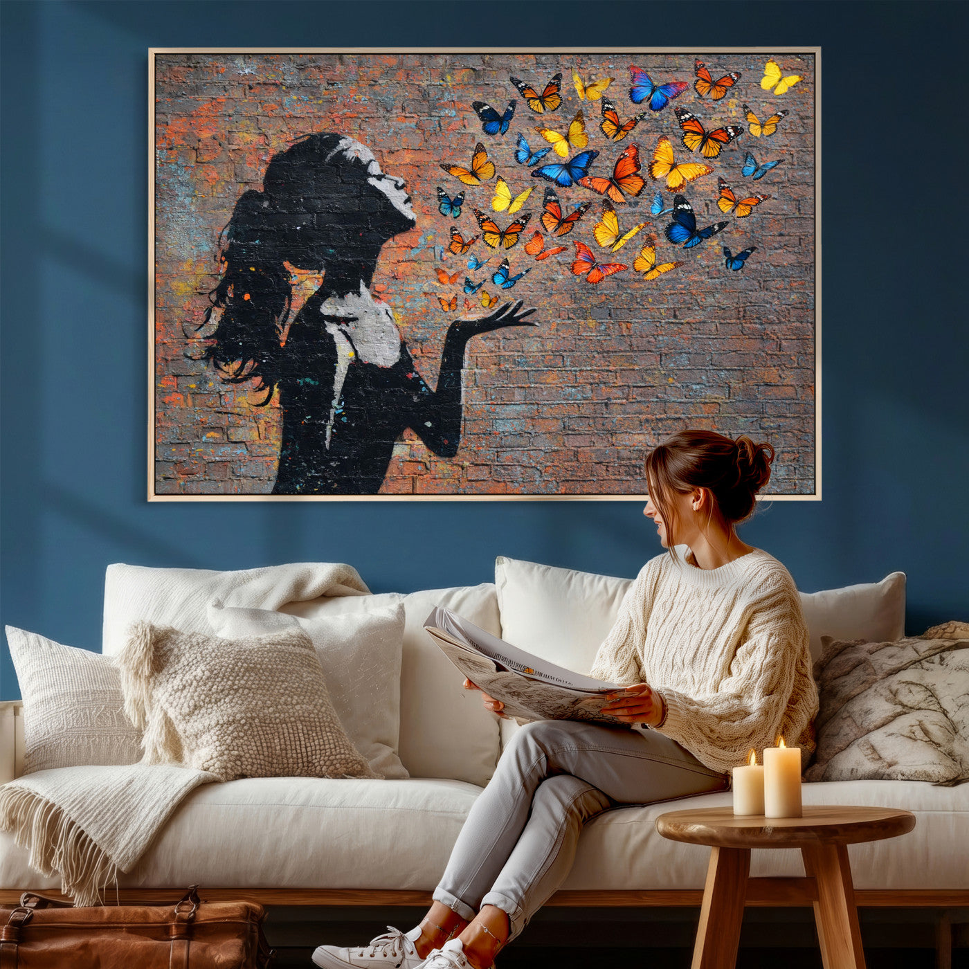 10555939-MGV-CV-36X24 - Urban Banksy Butterfly Girl Wall Art Canvas Print, Framed Street Art Canvas Print, Graffiti Silhouette Butterfly Wall Art for Living Room Bedroom Office