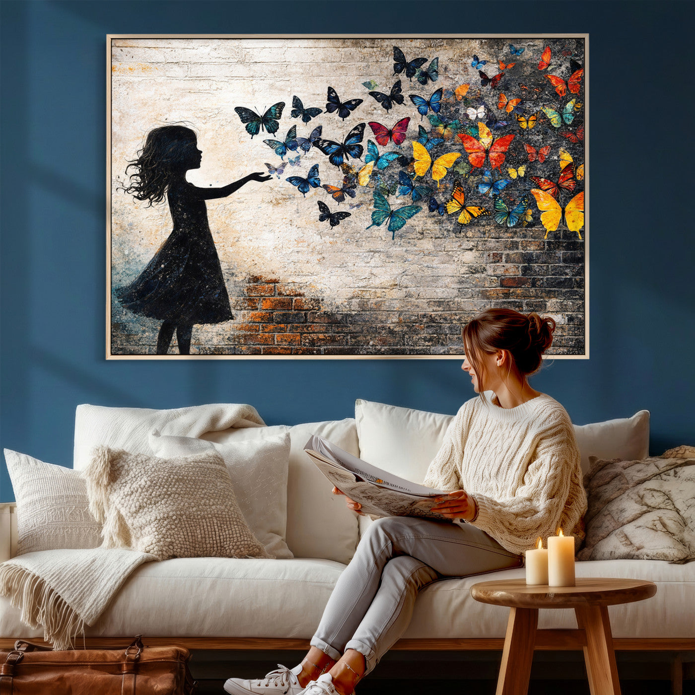 70522594-MGV-CV-36X24 - Banksy Butterfly Girl Wall Art Canvas Print, Framed Street Art Canvas Print, Graffiti Silhouette Butterfly Wall Art for Living Room Bedroom Office