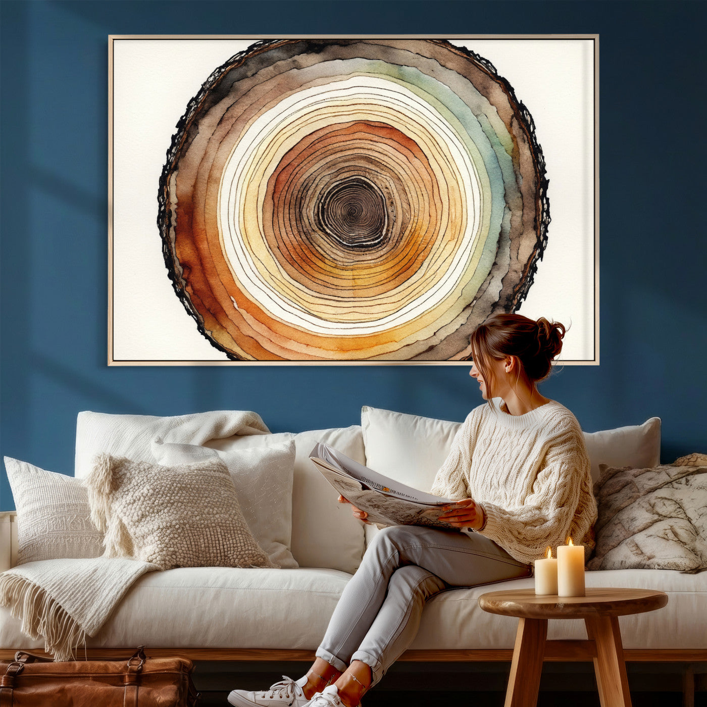 13719680-MGV-CV-36X24 - Natural Wood Slice Wall Art Canvas Print, Tree Ring Wall Art, Framed Abstract Nature Wall Decor, Earth Tone Statement Canvas Print