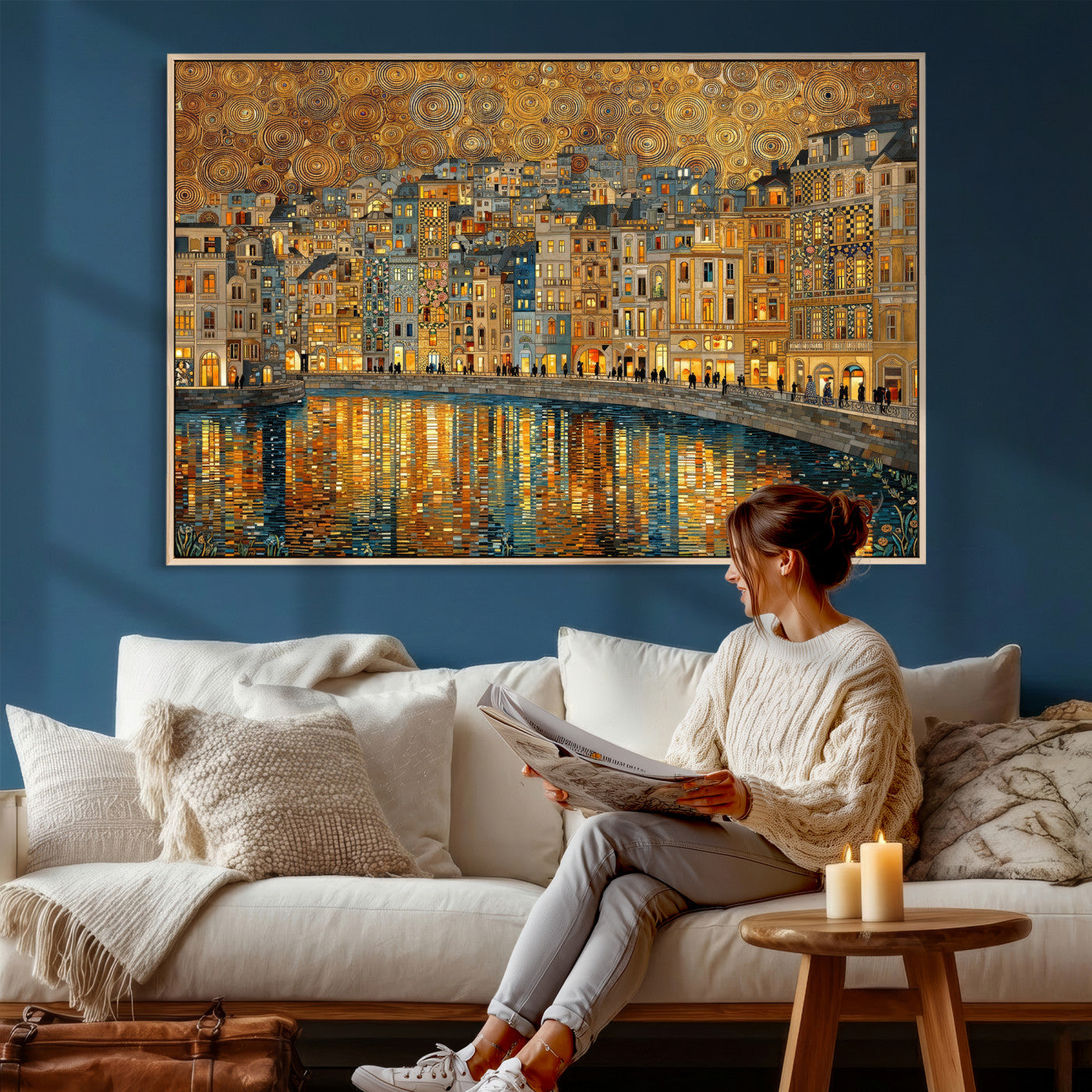 94022787-MGV-CV-36X24 - Gustav Klimt Golden Cityscape Wall Art Canvas Print, Framed River Town Landscape Artwork, Ornate Architecture Wall Decor for Living Room Bedroom Office