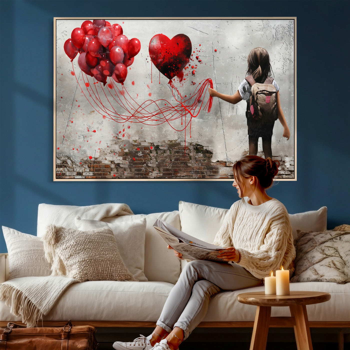 2162830T-MGV-CV-36X24 - Girl Graffiti Wall Art Canvas Print, Red Balloon Heart Street Art, Urban Love Artwork for Living Room Bedroom Hallway Office, Modern Abstract Canvas Wall Decor Home Decor