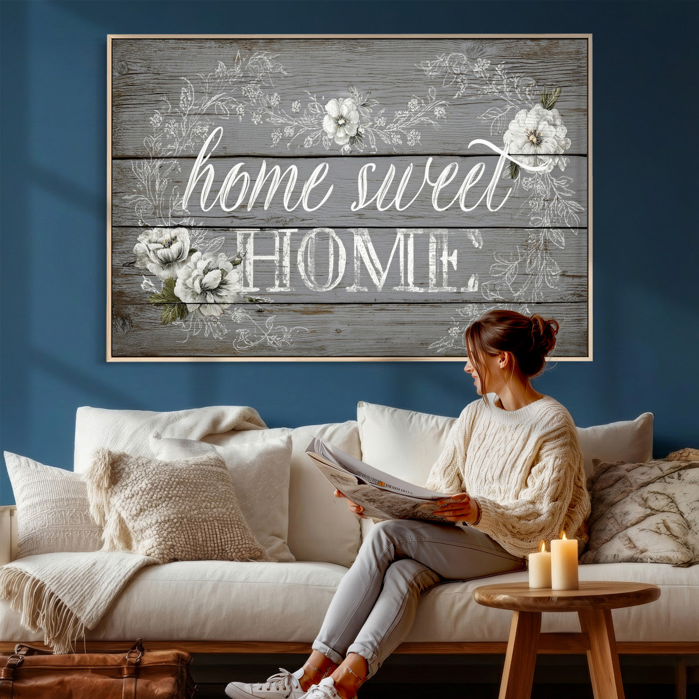 42160089-MGV-CV-36X24 - Home Sweet Home Sign Wall Art Canvas Print, Floral Farmhouse Sign, Rustic Neutral Entryway Bedroom Living Room Decor