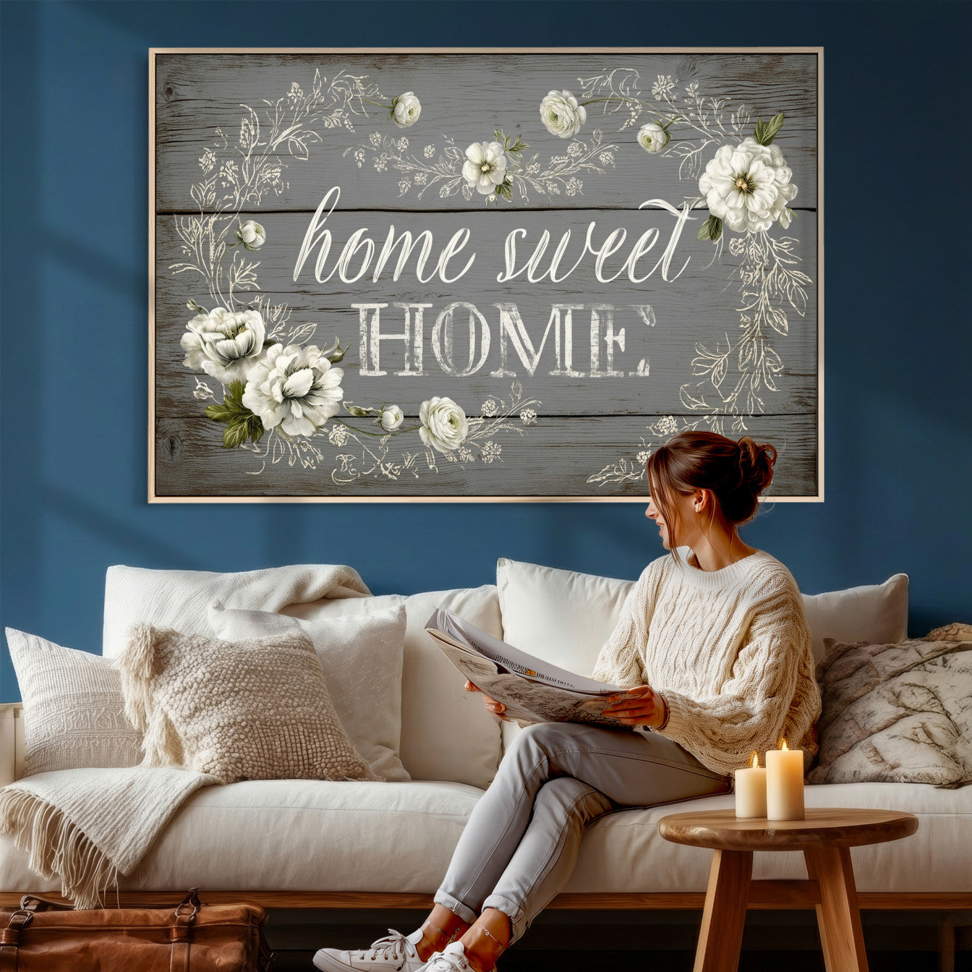 32056075-MGV-CV-36X24 - Home Sweet Home Wall Art Canvas Print, Floral Farmhouse Sign, Rustic Neutral Entryway Bedroom Living Room Decor