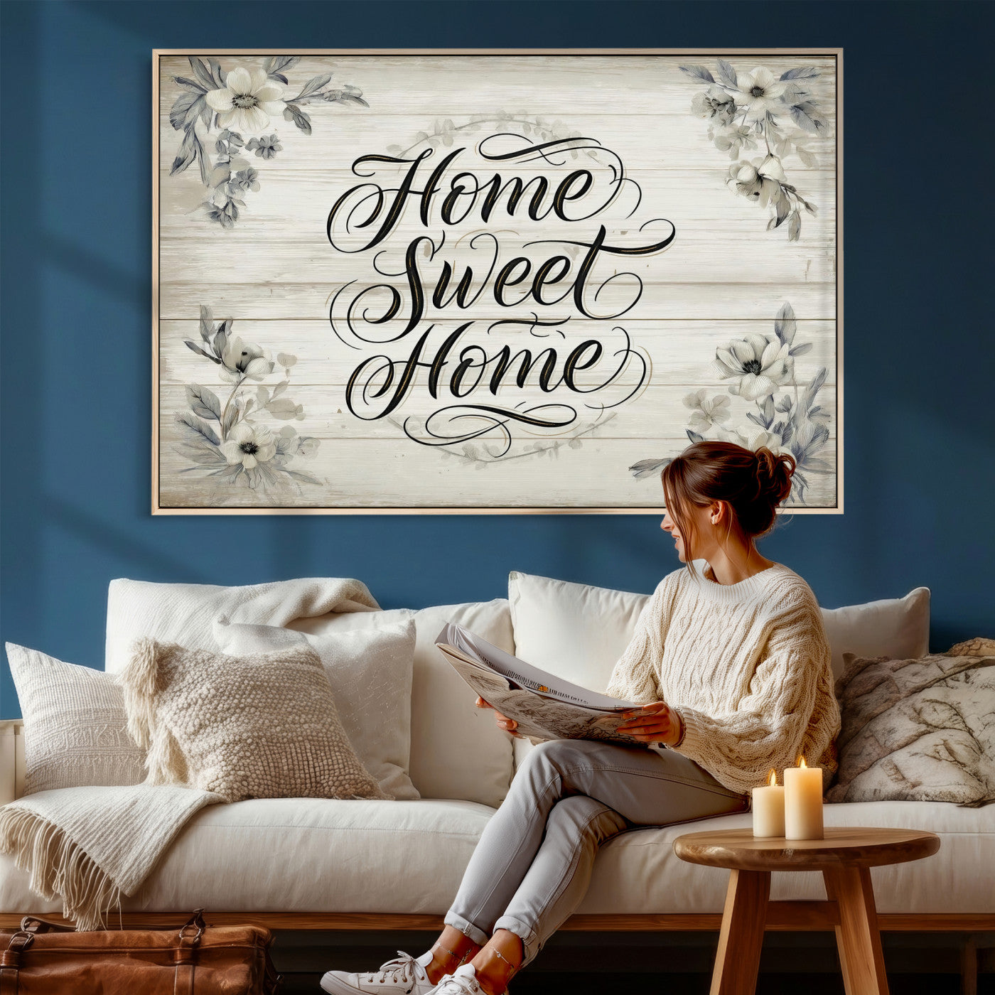 11120405-MGV-CV-36X24 - Home Sweet Home Wall Art Canvas Print, Floral Farmhouse Sign, Rustic Neutral Entryway Bedroom Living Room Decor