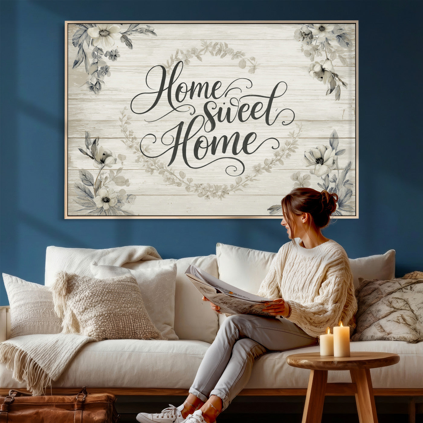 81157008-MGV-CV-36X24 - Home Sweet Home Wall Art Canvas Print, Floral Farmhouse Sign, Rustic Neutral Entryway Bedroom Living Room Decor