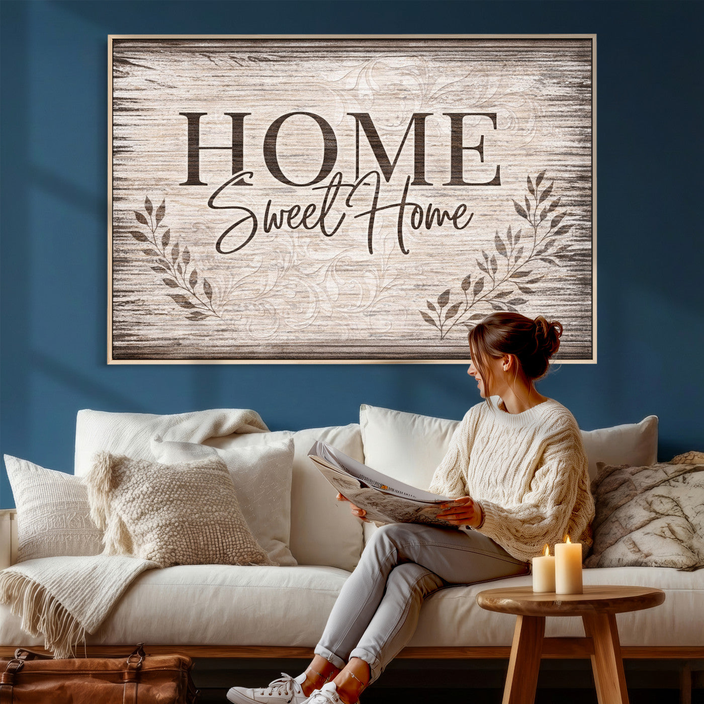 81157008S-MGV-CV-36X24 - Home Sweet Home Wall Art Canvas Print, Floral Farmhouse Sign, Rustic Neutral Entryway Bedroom Living Room Decor