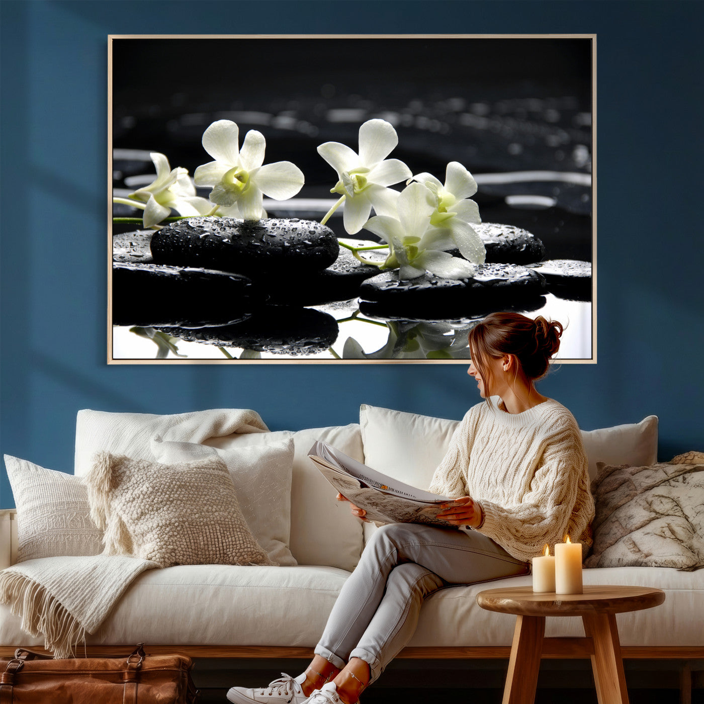 79486206-MGV-CV-36X24 - Plumeria Frangipani Black Stone Canvas | White Flower Spa Photography Print | Tropical Zen Wall Art | Grey Pebble Floral for Meditation Room Decor