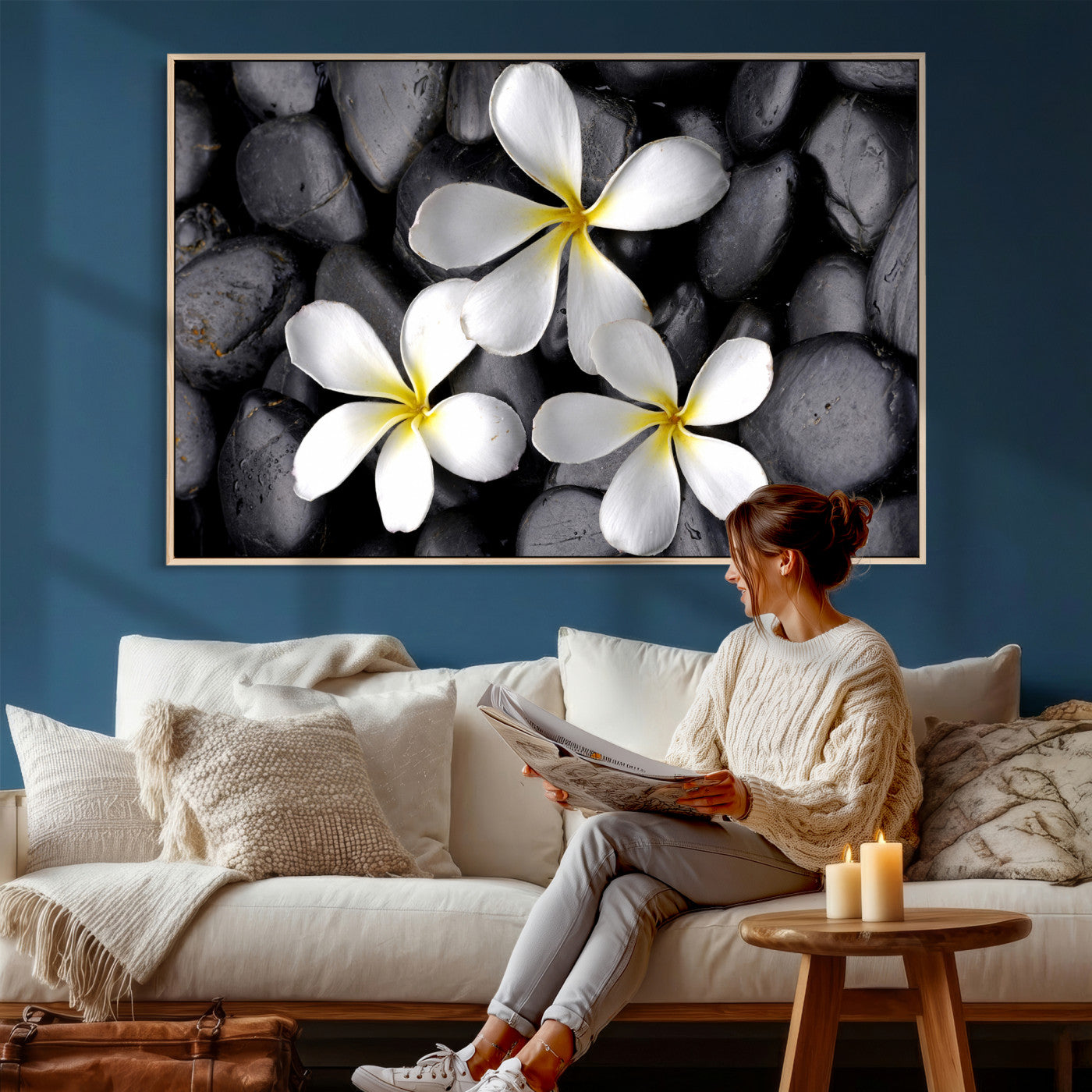 43639613-MGV-CV-36X24 - Plumeria Frangipani Black Stone Canvas | White Flower Spa Photography Print | Tropical Zen Wall Art | Grey Pebble Floral Decor
