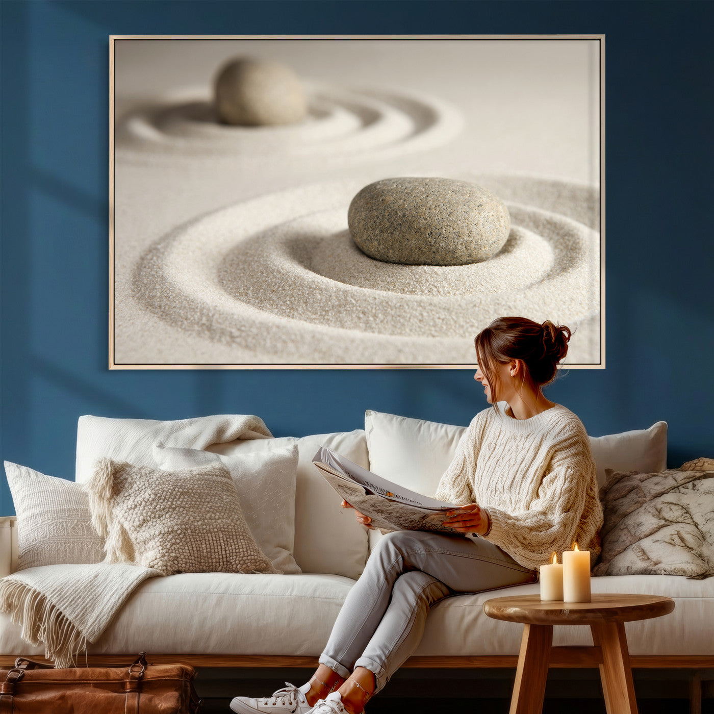 13397966-MGV-CV-36X24 - Zen Garden Stone Sand Canvas | Japanese Rock Garden Wall Art | Minimalist Meditation Print | Neutral Beige Mindfulness Decor