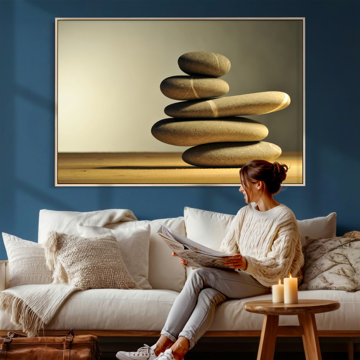 85424263-MGV-CV-36X24 - Zen Stone Wall Art Canvas Print, Balanced Rock Stack Framed Spa Artwork, Minimalist Meditation Decor for Living Room Bedroom Office Bathroom