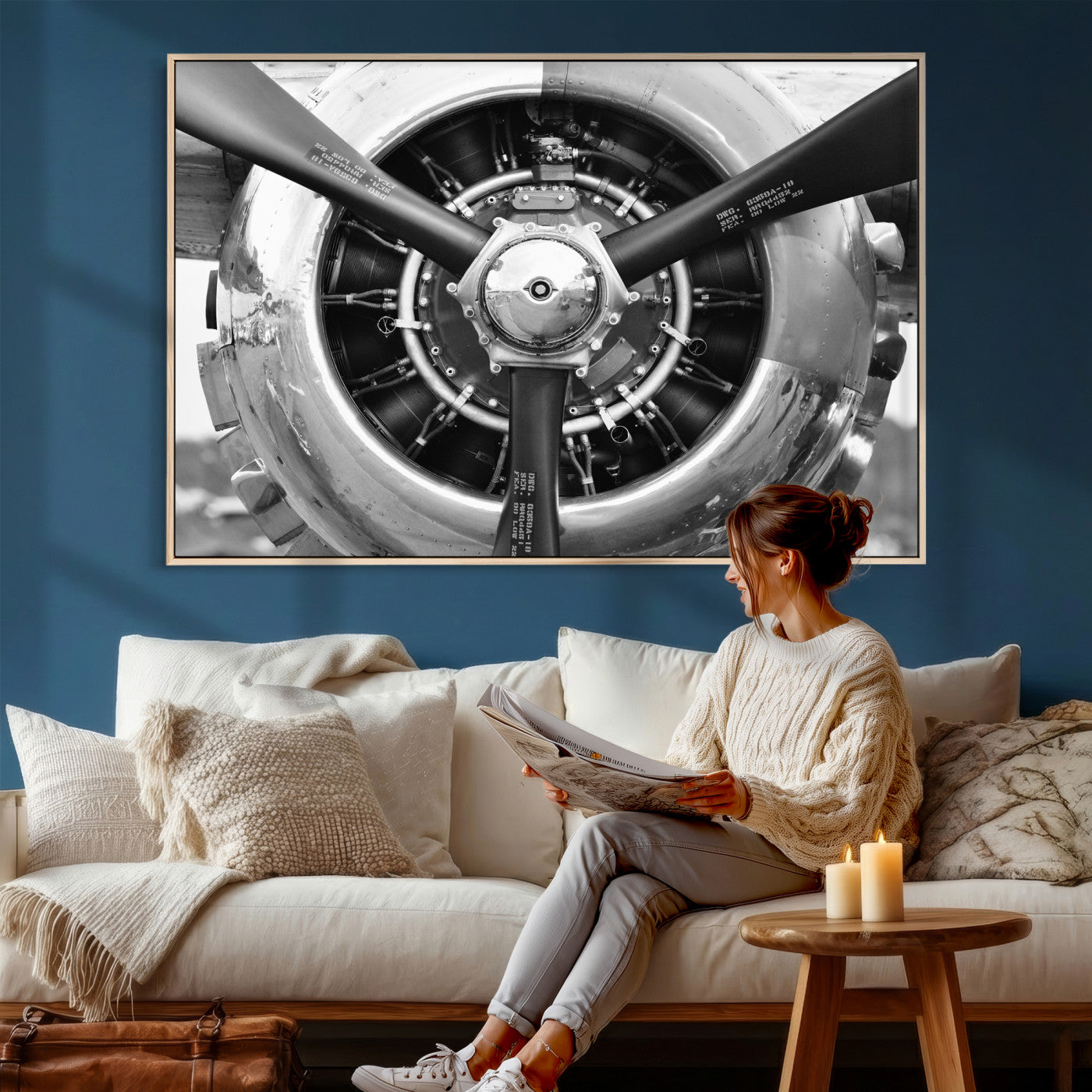 73322230-MGV-CV-36X24 - Vintage Propeller Plane Wall Art Canvas Print, Black and White Airplane Engine Close Up Framed Aviation Artwork for Pilot Office Hangar Decor