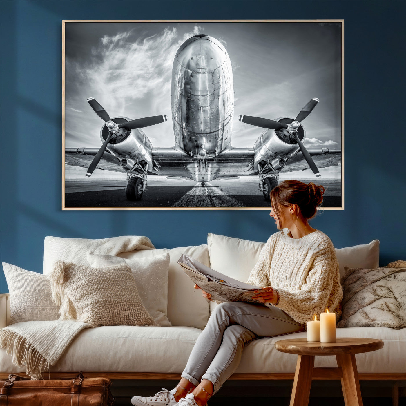 59729636-MGV-CV-36X24 - Vintage Propeller Plane Wall Art Canvas Print, Black and White Airplane Engine Close Up Framed Aviation Artwork for Pilot Office Hangar Decor