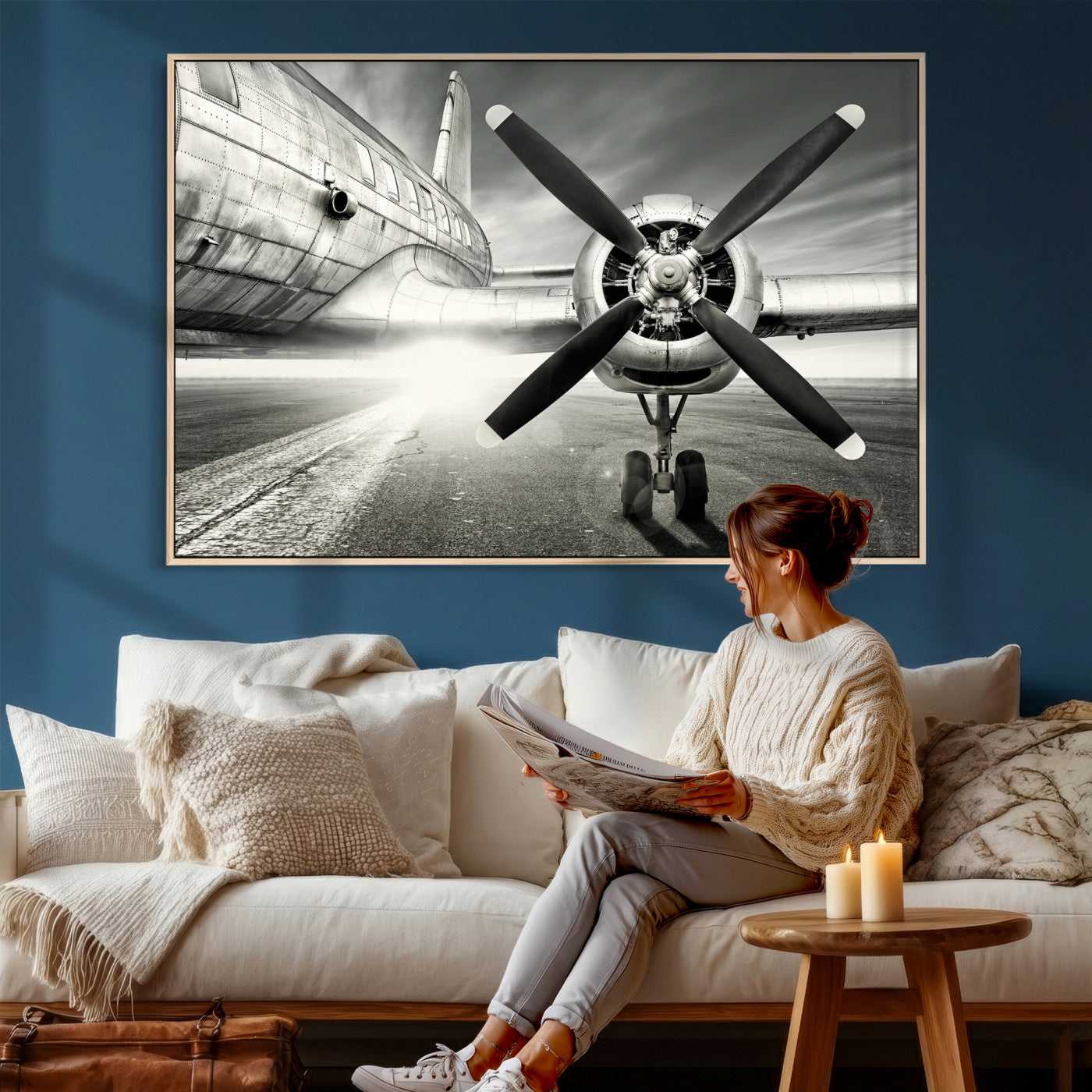16420255-MGV-CV-36X24 - Vintage Airplane Wall Art Canvas Print, Black and White Propeller Aircraft Framed Aviation Artwork for Pilot Office Hangar Living Room Decor