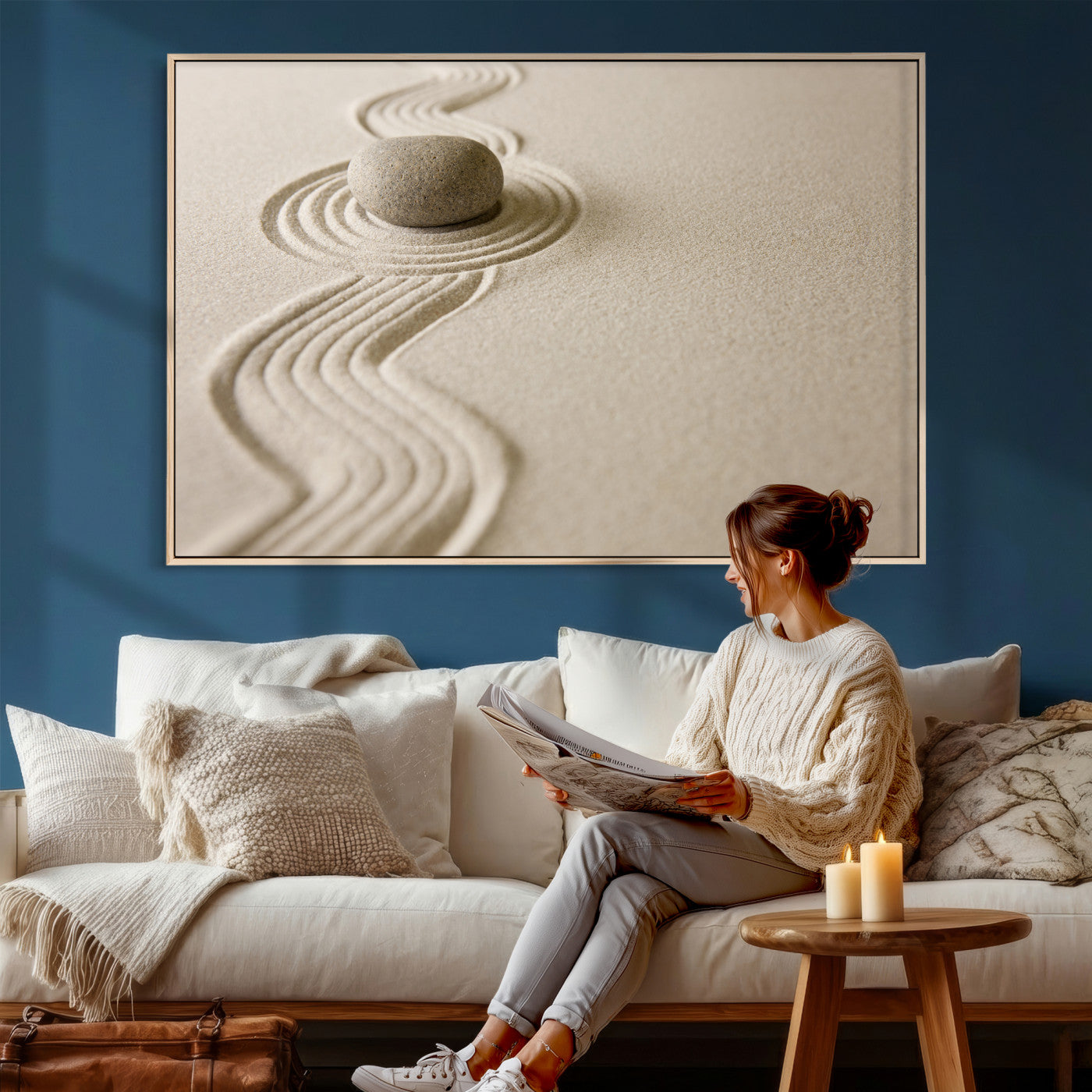 66852661-MGV-CV-36X24 - Zen Garden Stone Sand Canvas | Japanese Rock Garden Wall Art | Minimalist Meditation Print | Neutral Beige Mindfulness Decor