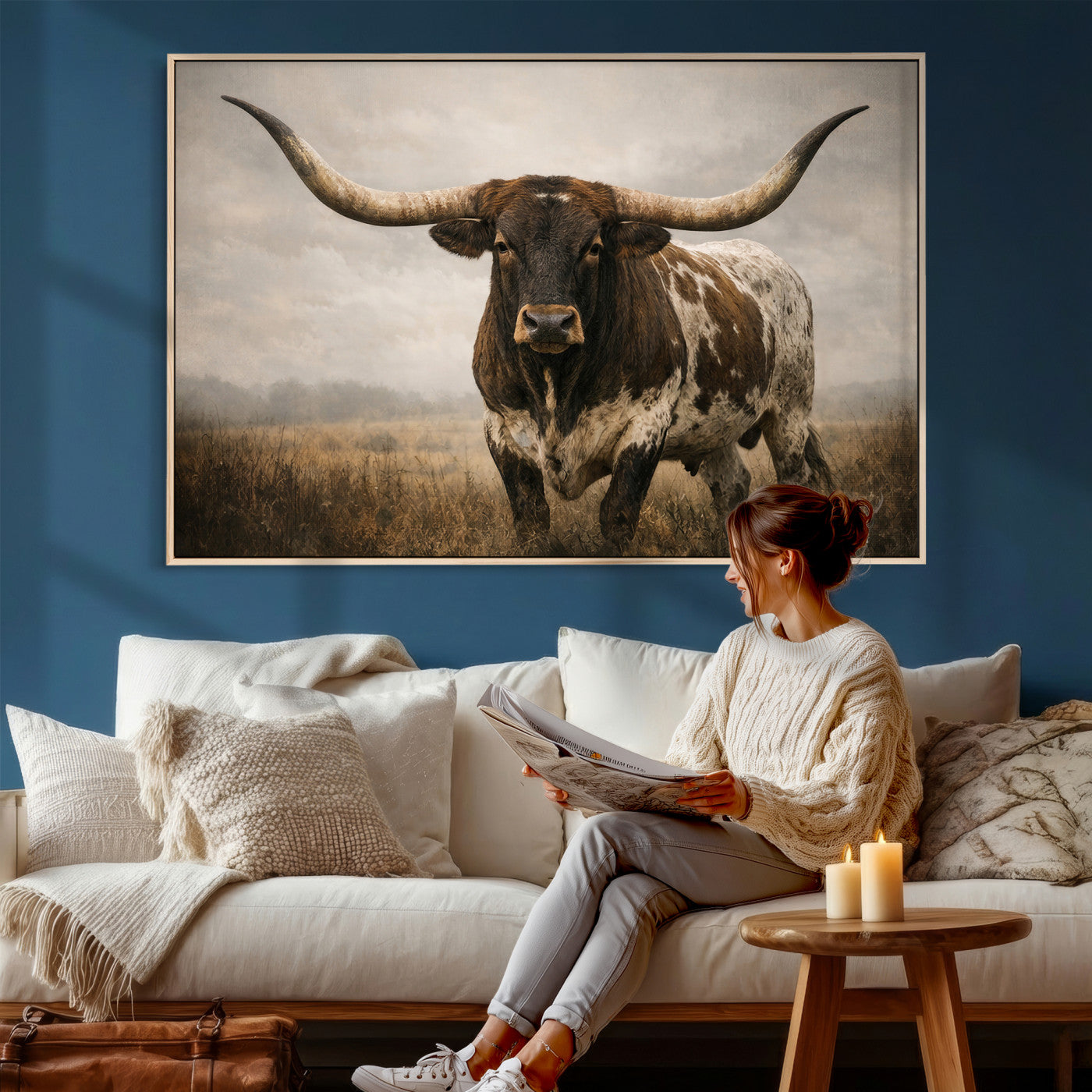 17622011L-MGV-CV-36X24 - Longhorn Bull Wall Art Canvas Print, Western Farmhouse Cowboy Decor, Rustic Texas Ranch Cattle Artwork for Living Room Bedroom Office, Framed Wall Decor
