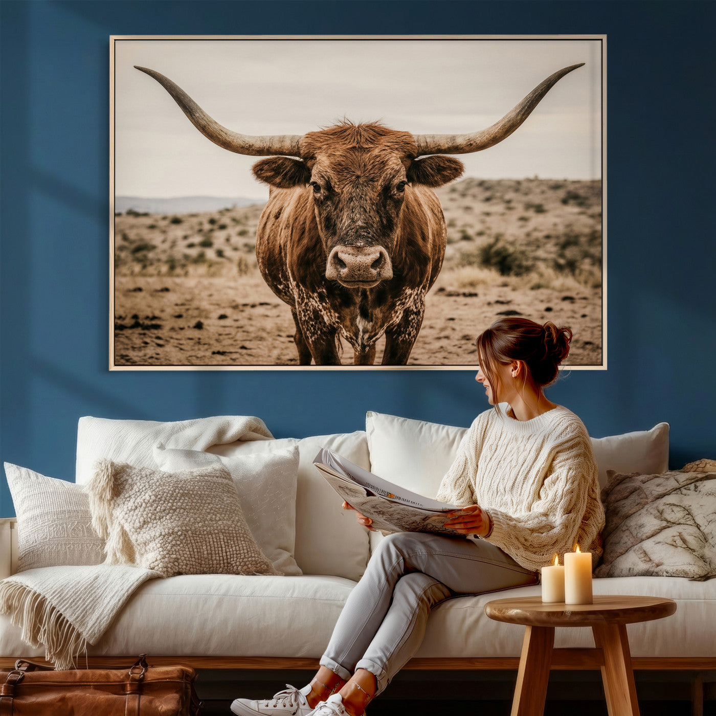 17622011K-MGV-CV-36X24 - Texas Longhorn Bull Wall Art Canvas Print, Western Farmhouse Cowboy Decor, Rustic Texas Ranch Cattle Artwork for Living Room Bedroom Office, Framed Wall Decor