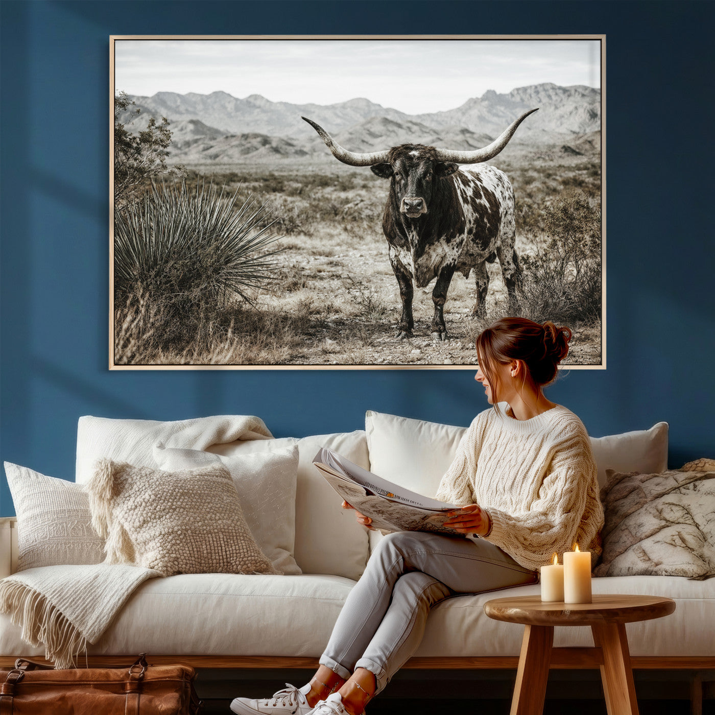 17622011H-MGV-CV-36X24 - Texas Longhorn Bull Wall Art Canvas Print, Western Farmhouse Cowboy Decor, Rustic Texas Ranch Cattle Artwork for Living Room Bedroom Office, Framed Wall Decor