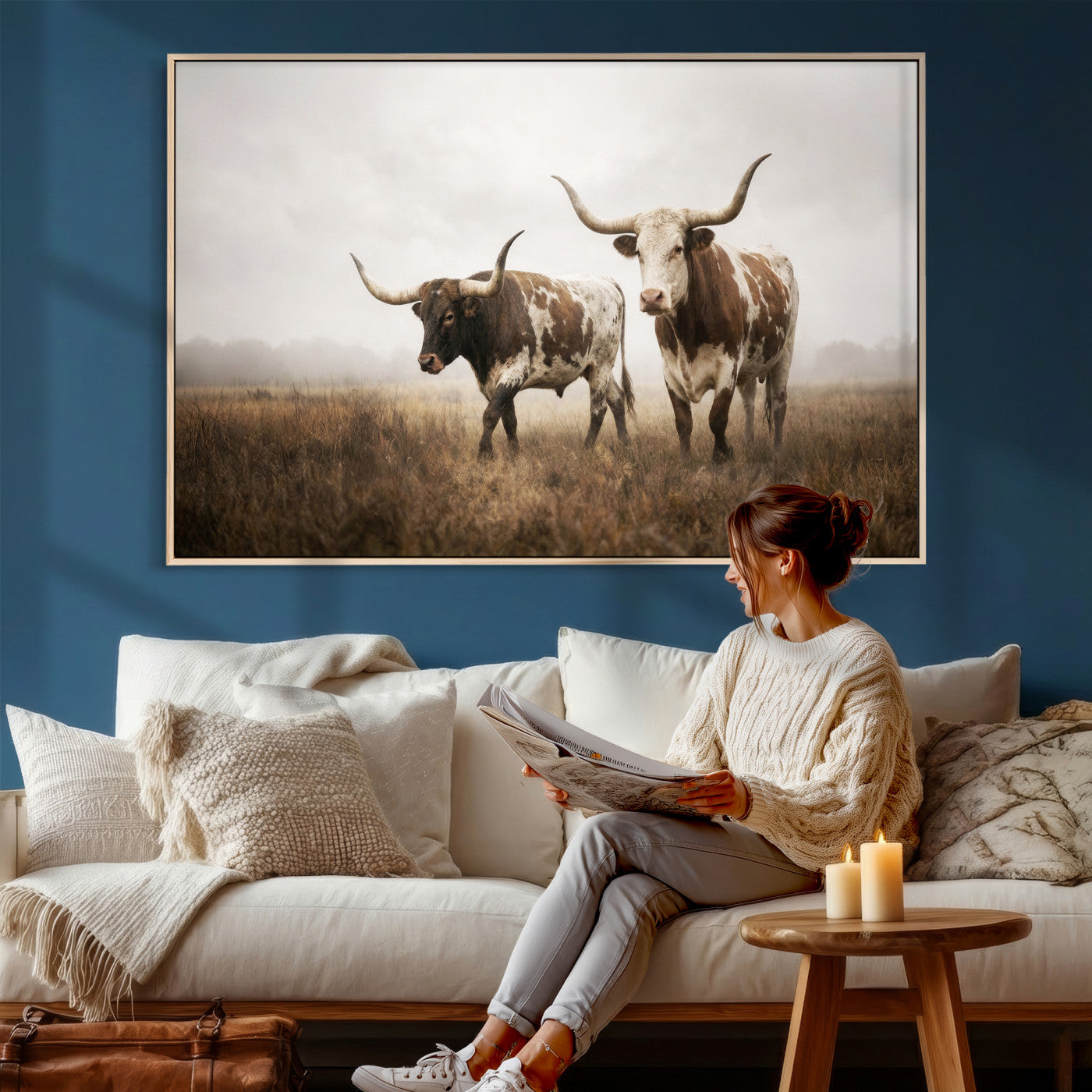 92881702-MGV-CV-36X24 - Texas Longhorn Canvas Wall Art Western Bull Desert Moody Grey Overcast Rustic Farmhouse Framed Large for Living Room Bedroom Office Decor