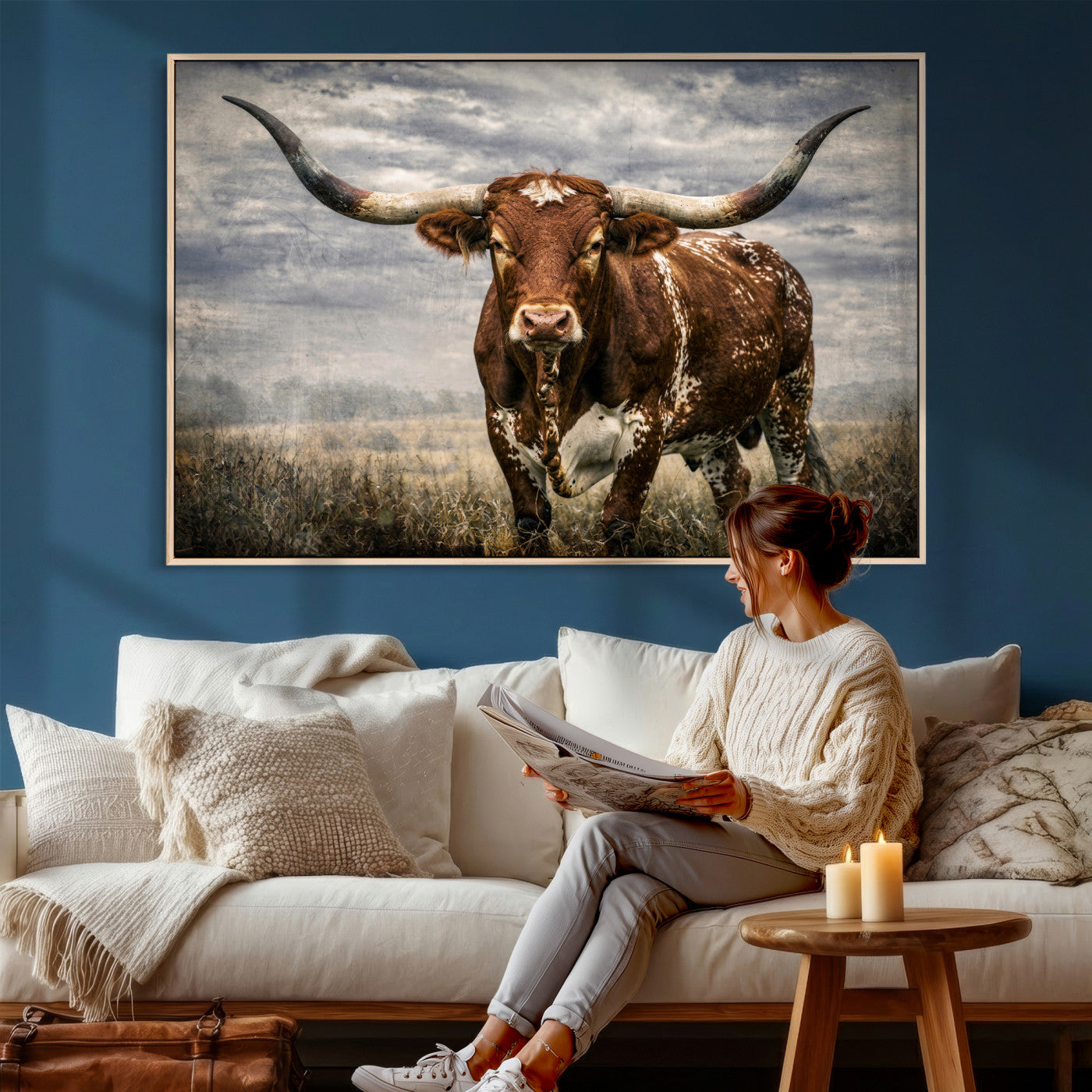 14372769-MGV-CV-36X24 - Texas Longhorn Canvas Wall Art Western Bull Desert Moody Grey Overcast Rustic Farmhouse Framed Large for Living Room Bedroom Office Decor