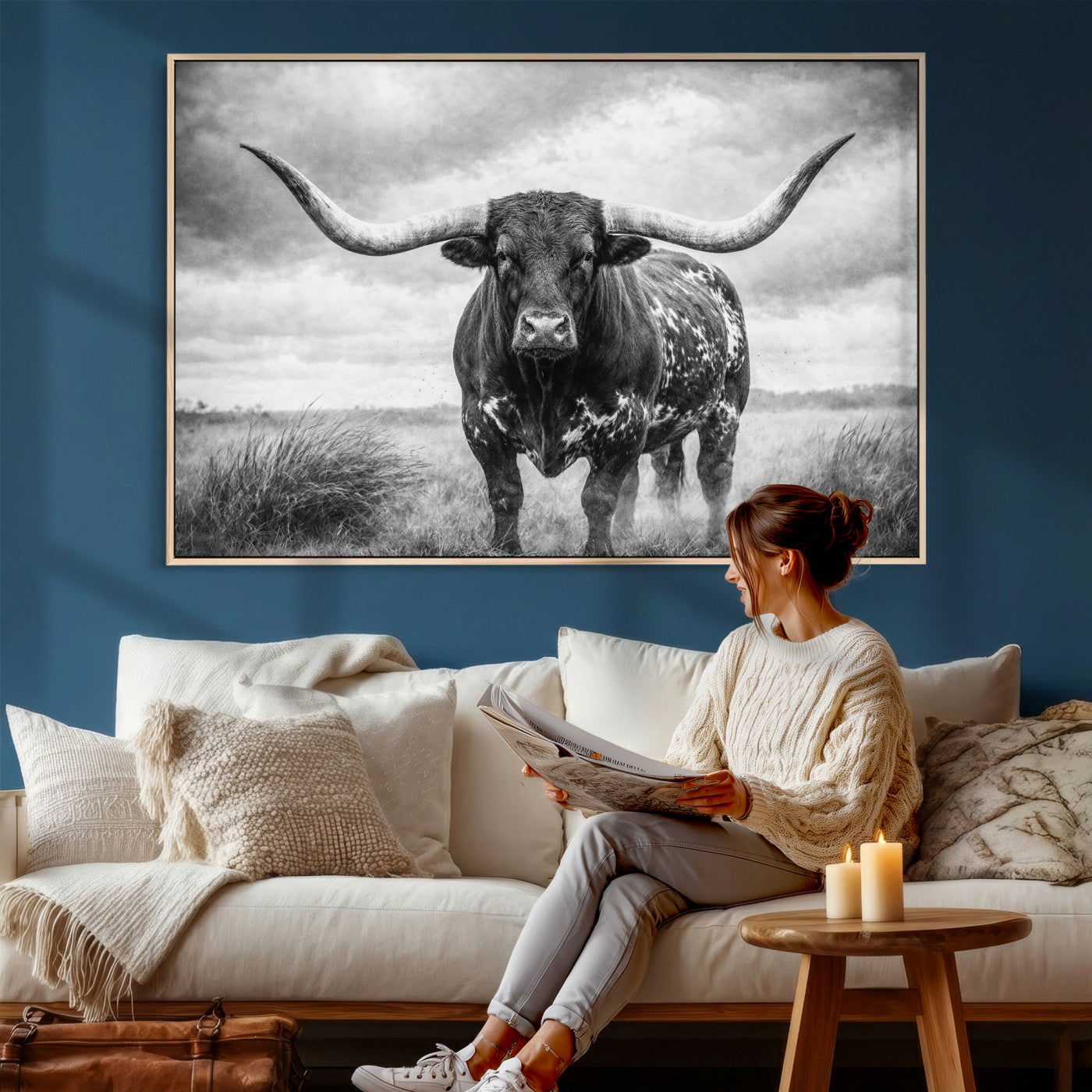 19951238-MGV-CV-36X24 - Texas Longhorn Canvas Wall Art Western Bull Desert Moody Grey Overcast Rustic Farmhouse Framed Large for Living Room Bedroom Office Decor