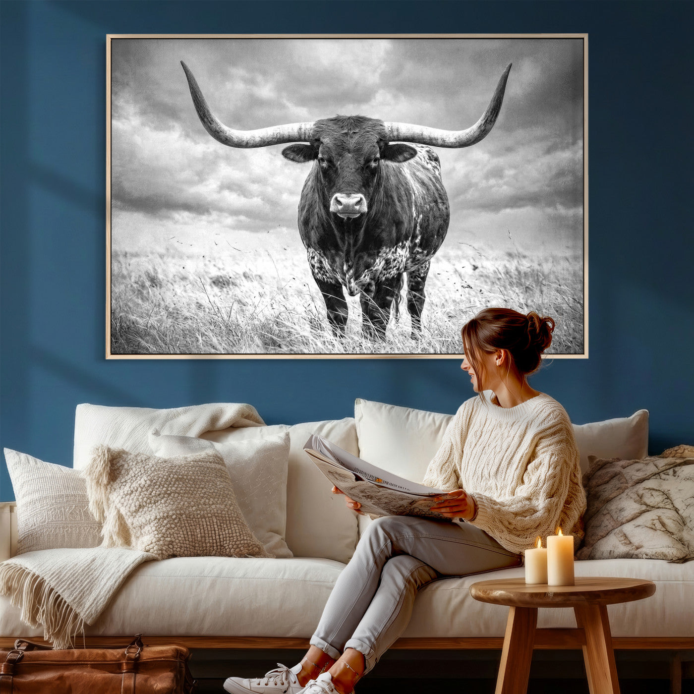 63336115-MGV-CV-36X24 - Texas Longhorn Canvas Wall Art Western Bull Desert Moody Grey Overcast Rustic Farmhouse Framed Large for Living Room Bedroom Office Decor