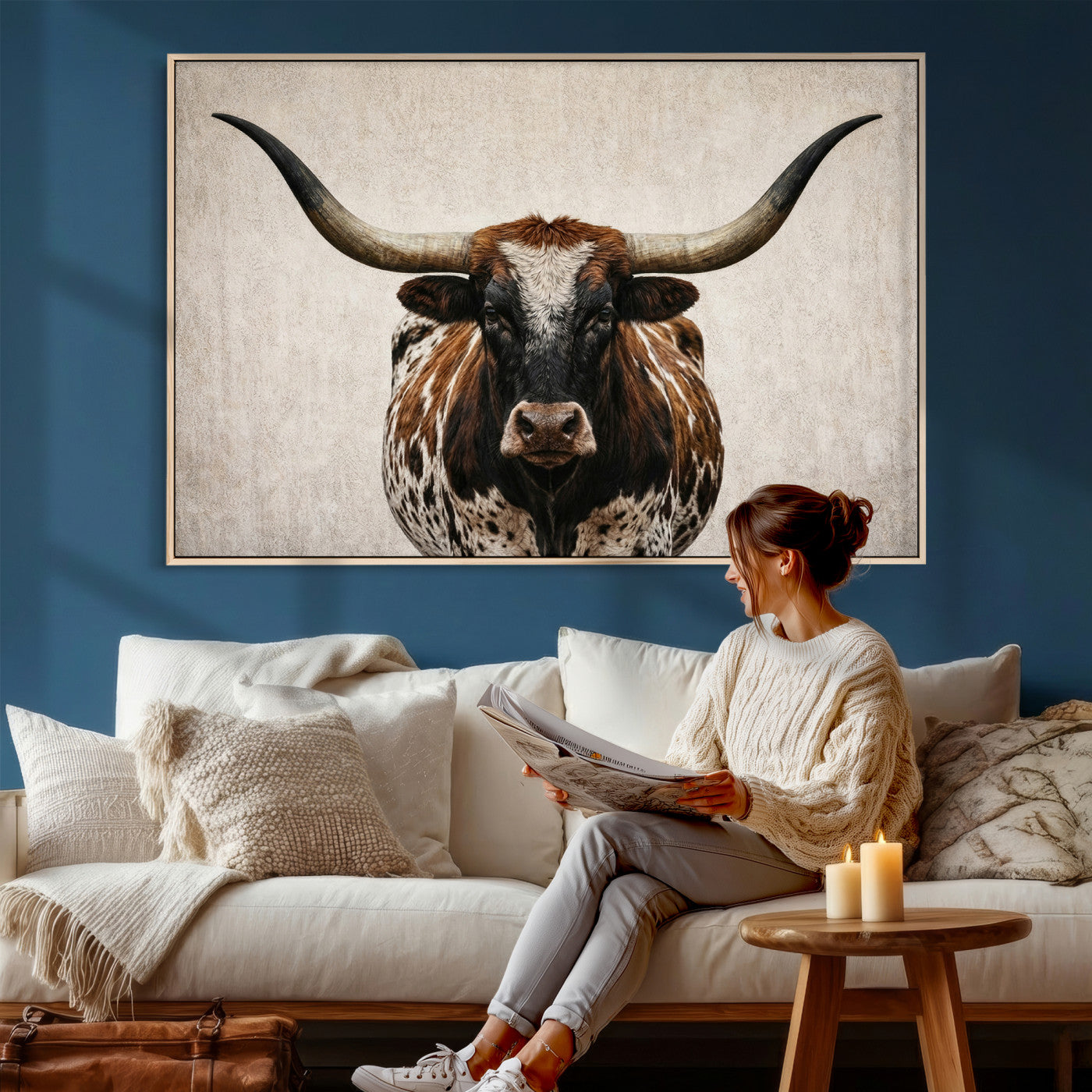 58622065-MGV-CV-36X24 - Texas Longhorn Canvas Wall Art Western Bull Desert Moody Grey Overcast Rustic Farmhouse Framed Large for Living Room Bedroom Office Decor