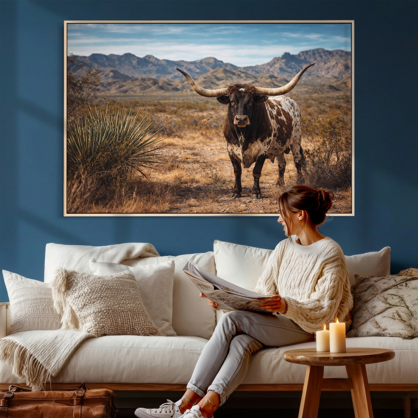 26448918-MGV-CV-36X24 - Texas Longhorn Canvas Wall Art Western Bull Desert Moody Grey Overcast Rustic Farmhouse Framed Large for Living Room Bedroom Office Decor