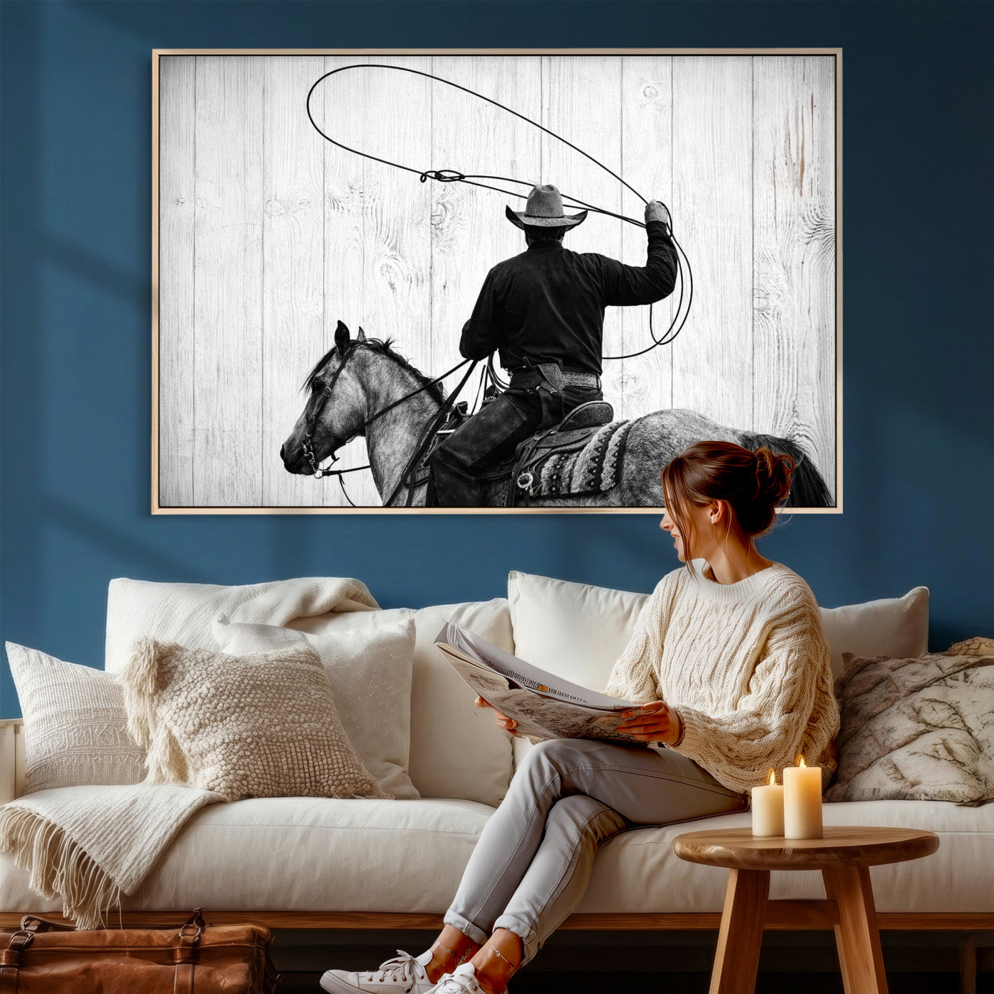 22569358-MGV-CV-36X24 - Cowboy Lasso Canvas Wall Art, Black White Western Horse Photo Print, Rustic Ranch Rodeo Decor, Farmhouse Western Art, Cowboy Gift for Him