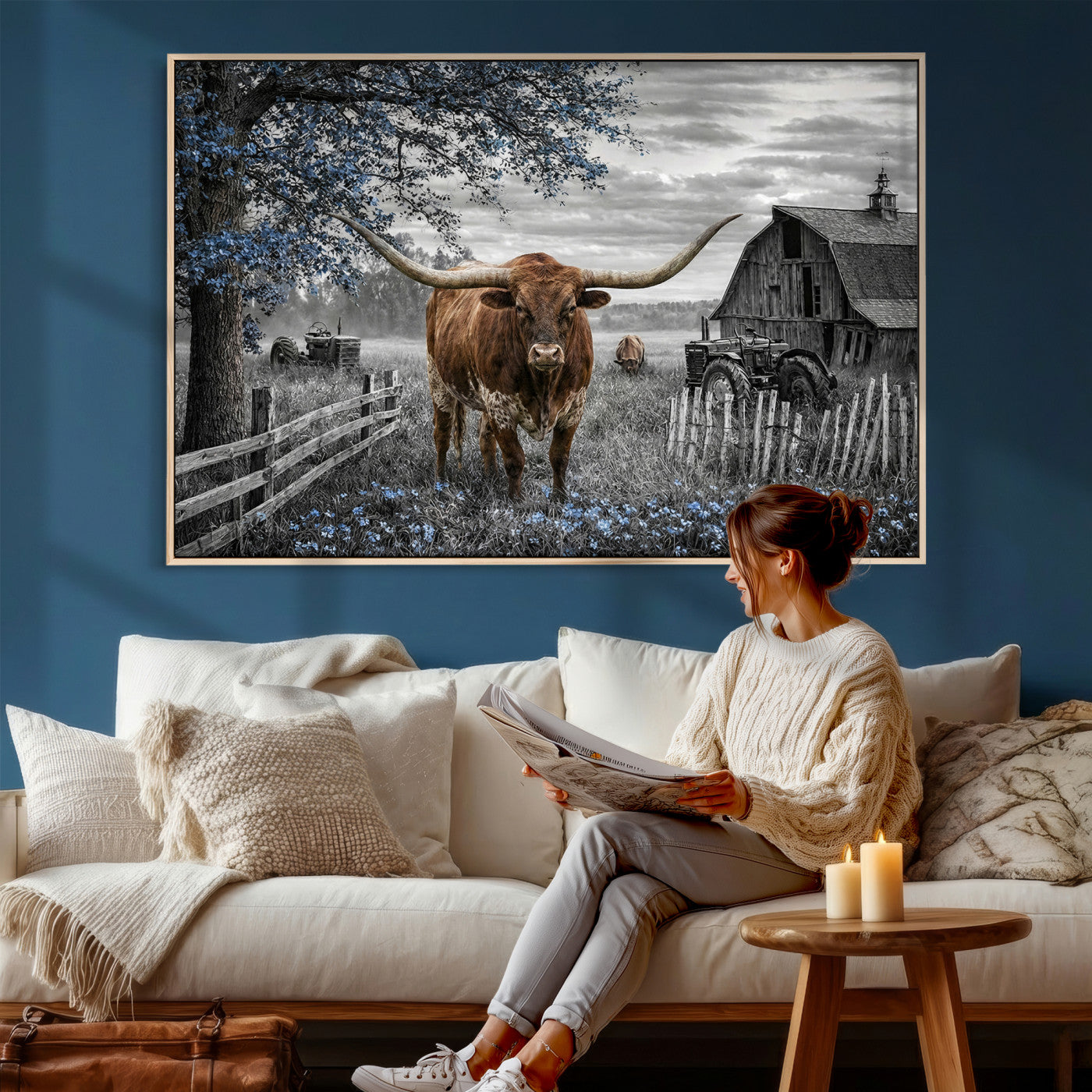 19366343-MGV-CV-36X24 - Texas Longhorn Canvas Wall Art, Rustic Farm Barn Bluebonnet Photography Print, Farmhouse Country Decor, Western Ranch Art, Old Truck Tractor Print