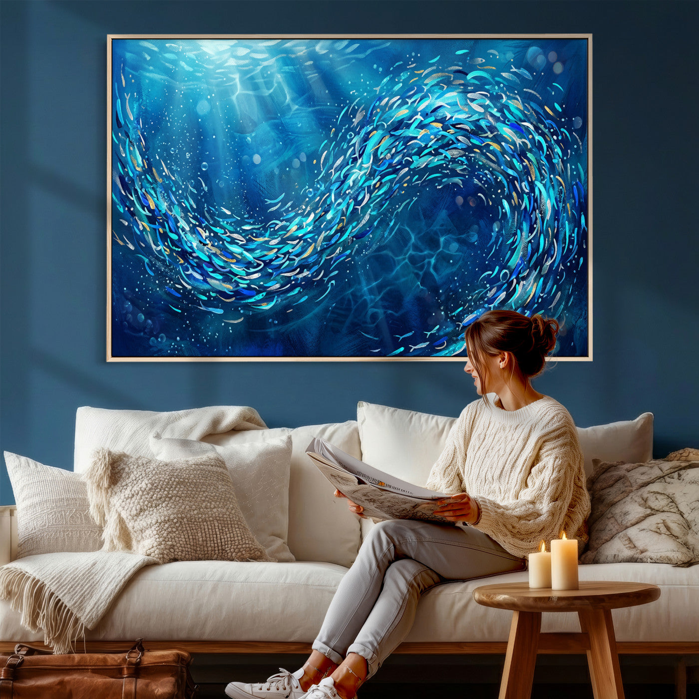 54535639-MGV-CV-36X24 - School of Fish Canvas Print | Blue Ocean Underwater Wall Art | Swirling Fish Shoal Illustration | Marine Navy Coastal Decor