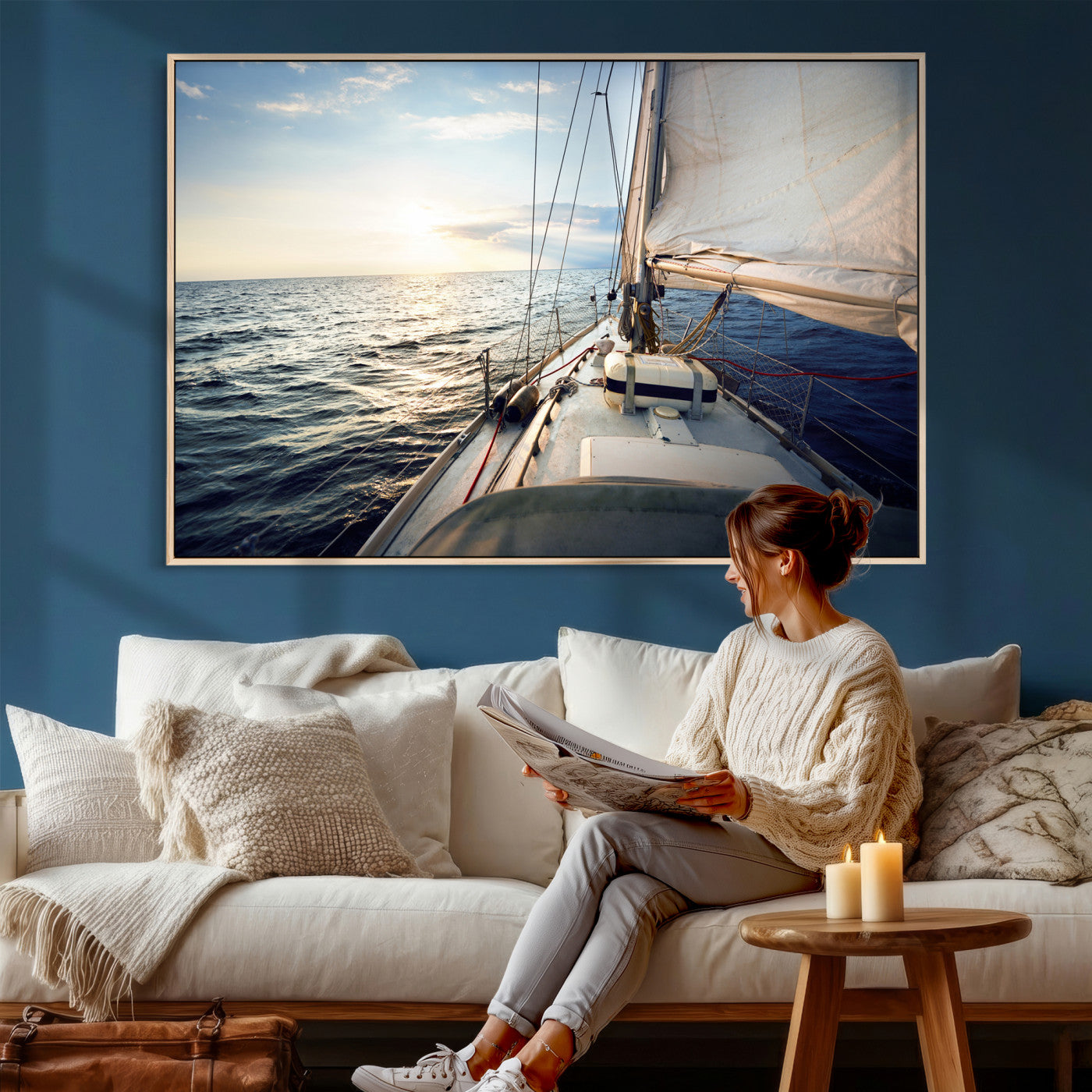 76381335-MGV-CV-36X24 - Sailboat Wall Art Canvas Print, Ocean Sunset Sailing Framed Artwork, Coastal Nautical Seascape Decor for Living Room Office Beach House