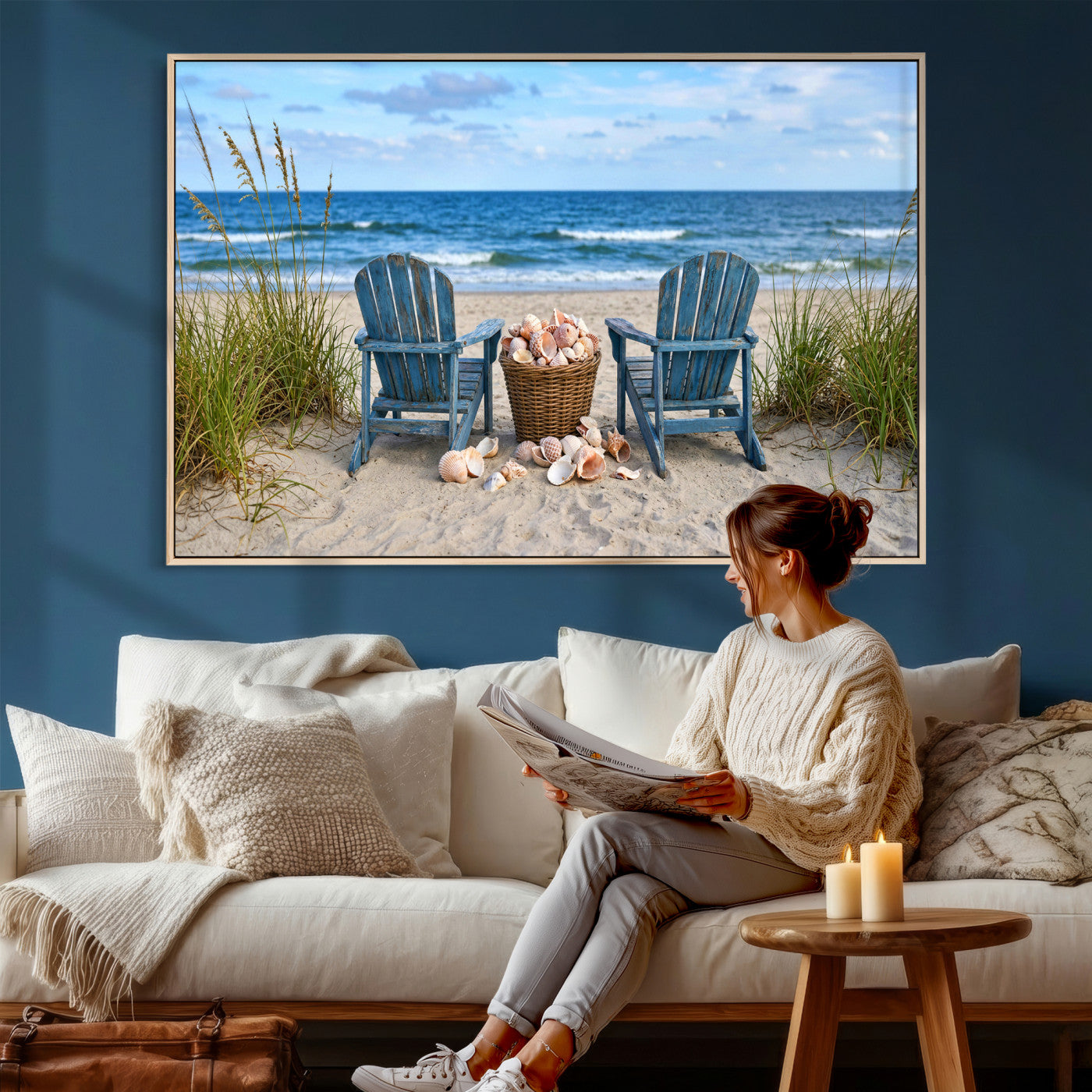 80268829-MGV-CV-36X24 - Large Beach Canvas Wall Art Coastal Adirondack Chairs Ocean Seashells Blue Nautical Framed Large for Living Room Bedroom Bathroom Decor