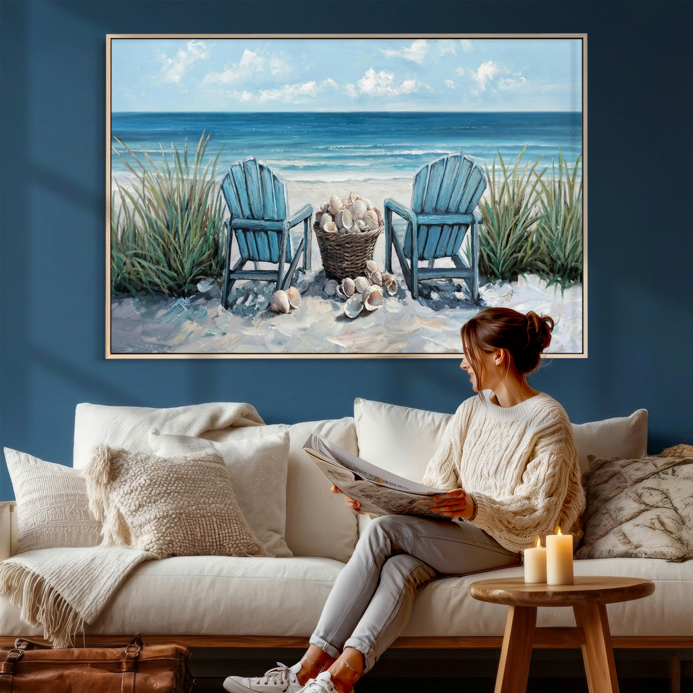 11973028-MGV-CV-36X24 - Beach Canvas Wall Art Coastal Adirondack Chairs Ocean Seashells Blue Nautical Framed Large for Living Room Bedroom Bathroom Decor