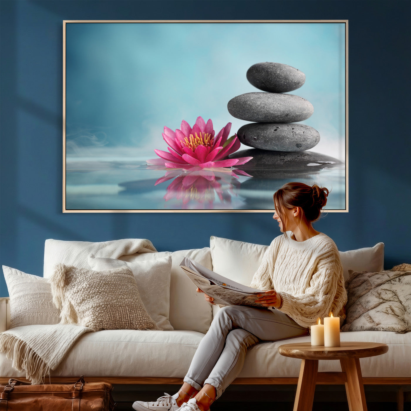 84293154-MGV-CV-36X24 - Zen Canvas Wall Art Lotus Flower Stacked Stones Teal Spa Meditation Relaxation Framed Large for Bathroom Bedroom Living Room Office Decor