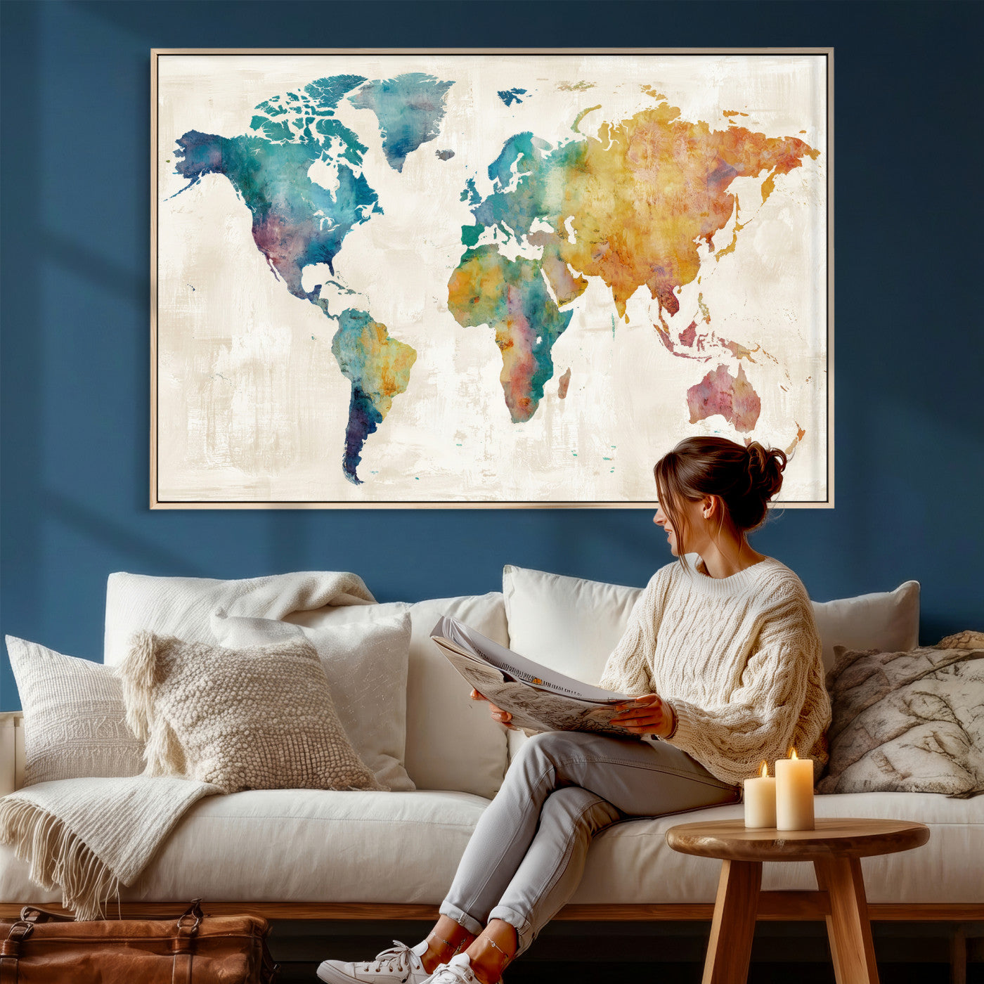 56556018-MGV-CV-36X24 - Watercolor World Map Canvas Wall Art Print – Abstract Colorful Travel Wall Decor