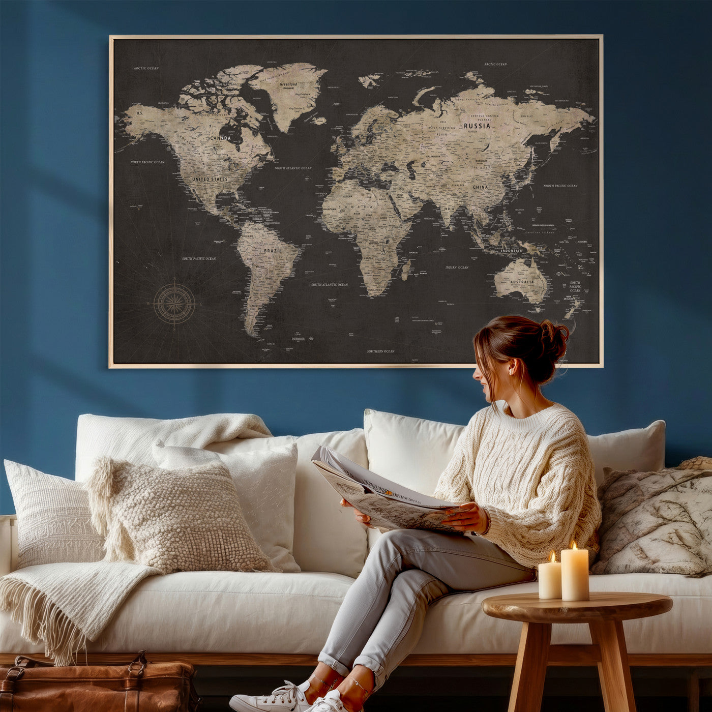 56556018136-MGV-CV-36X24 - World Map Canvas Wall Art Dark Charcoal Antique Tan Detailed Every Country Labeled Framed Large for Home Office Living Room Bedroom Decor