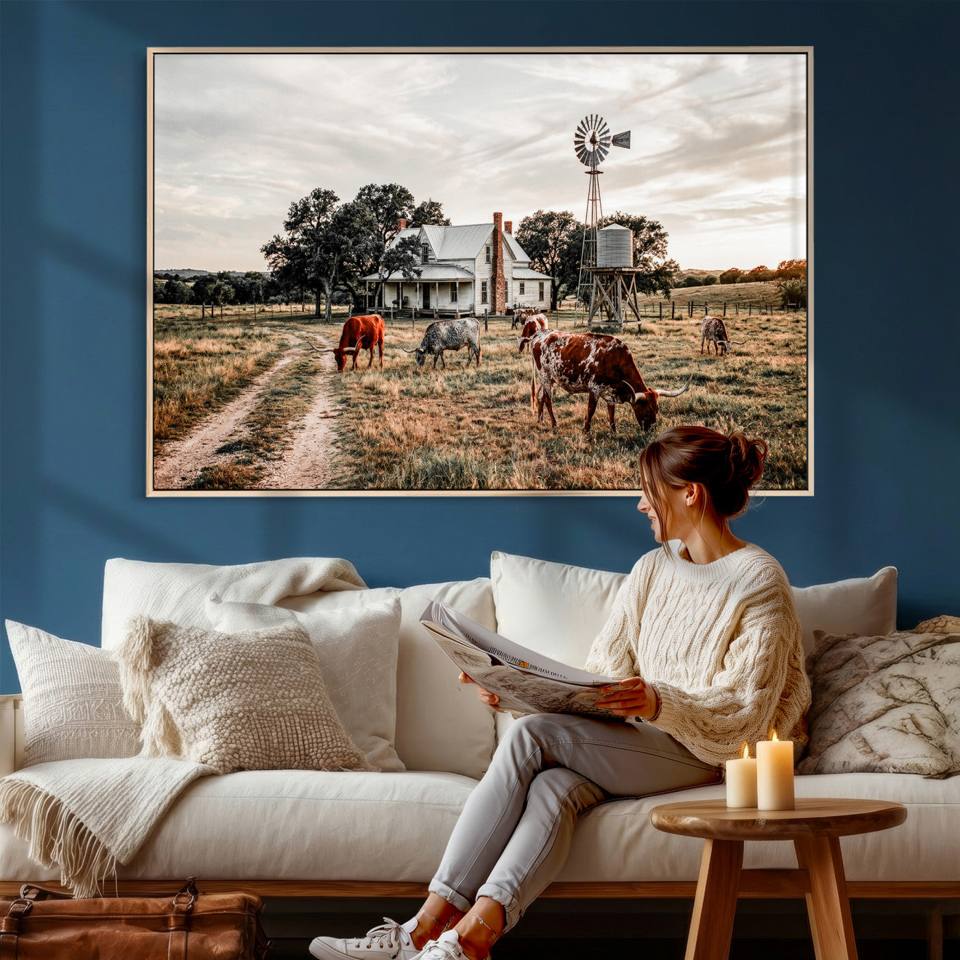 92429425-MGV-CV-36X24 - Texas Longhorn Ranch Wall Art Canvas Print, Rustic Western Farmhouse Decor, Country Landscape Canvas Wall Art, Vintage Cowboy Ranch Picture